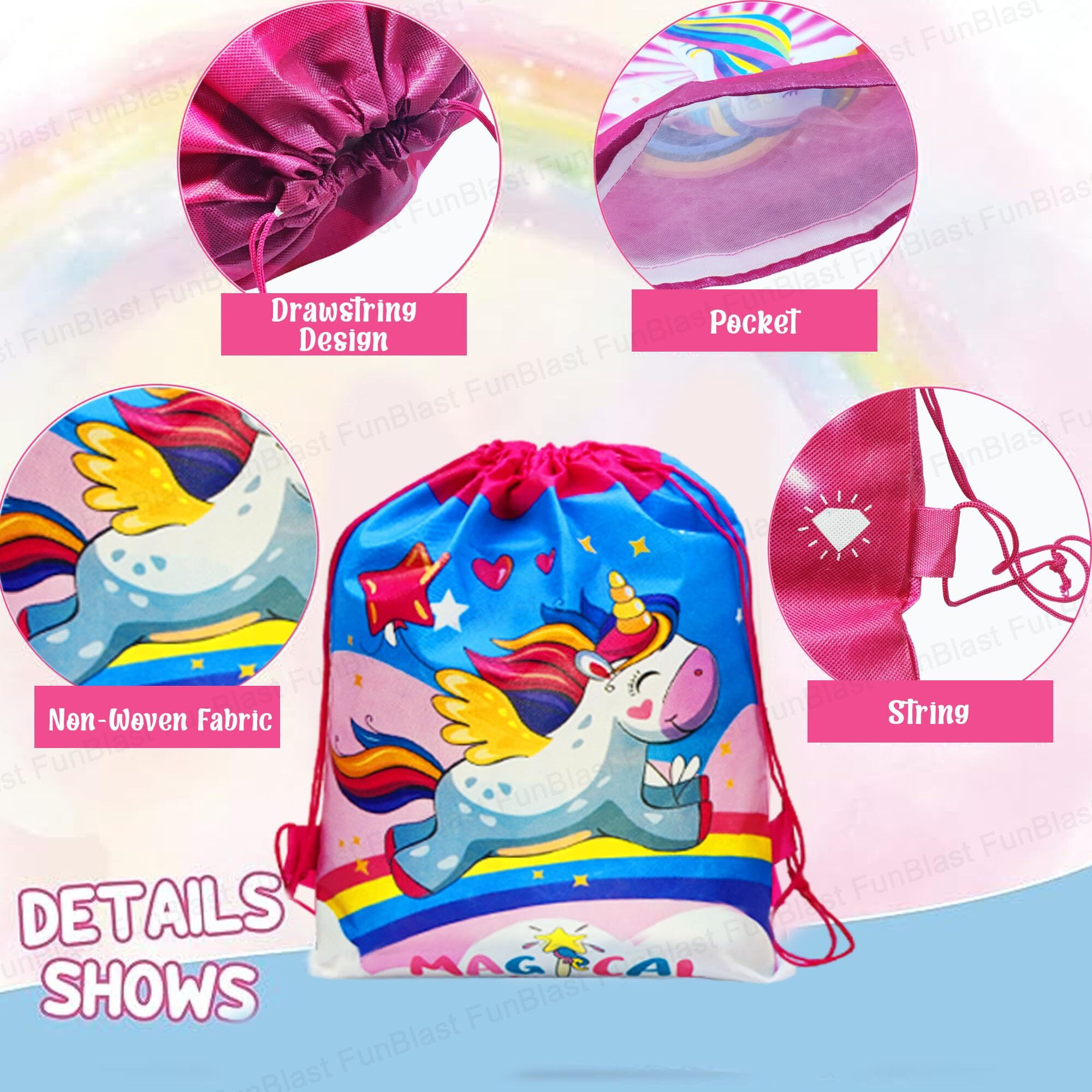 Funblast Gifting Bags For Return Gifts - Pack Of 24 Pcs Non-Woven Unicorn Print Carry Bags, Gifting Bags, Multi-Purpose Reusable Carry Bag, Drawstring Bags For Return Gifts (24 Pcs)