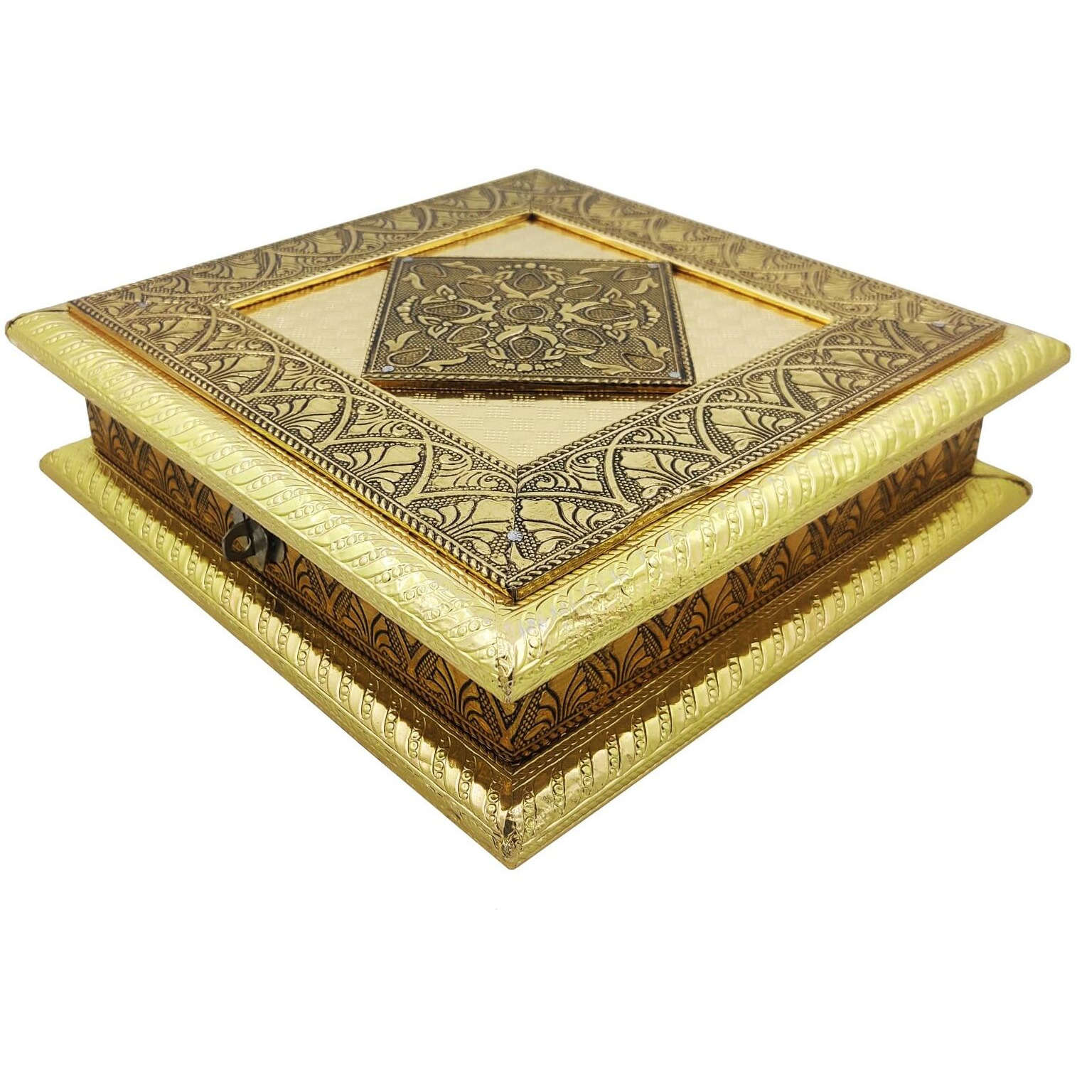 Purpledip Wooden Dry Fruits Box With Oxidized Metal Sheet 'Wild Flower' For 500 Grams Nuts Chocolates Diwali Festival Gift (12206)