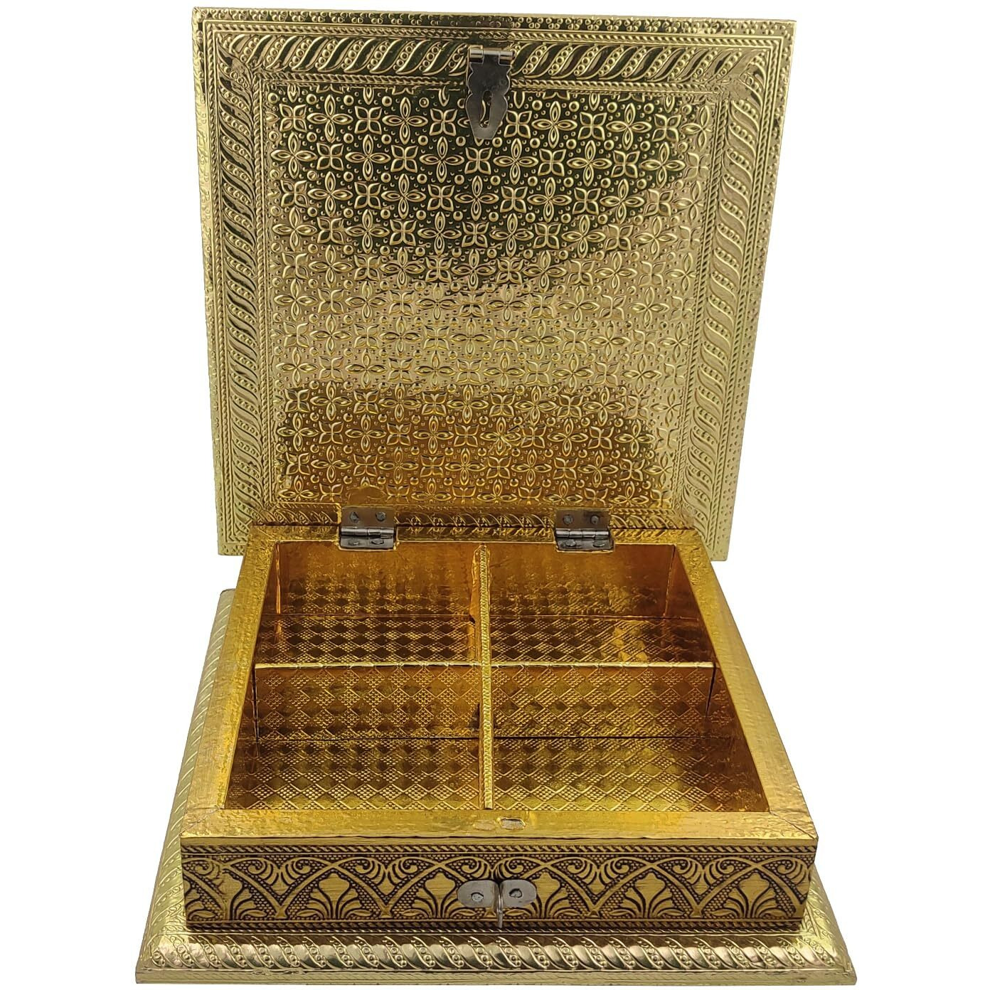 Purpledip Wooden Dry Fruits Box With Oxidized Metal Sheet 'Wild Flower' For 500 Grams Nuts Chocolates Diwali Festival Gift (12206)