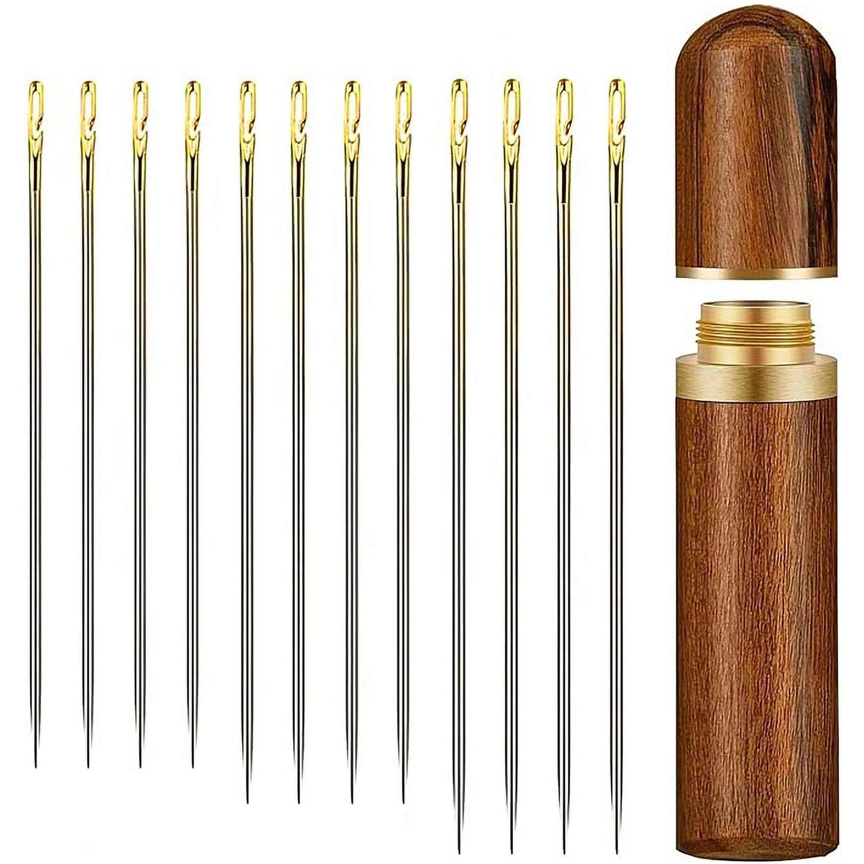Self-Threading Stainless Steel Sewing Needles - 12 Pcs Golden Needles In 3 Sizes - Easy To Thread For Elderly And Beginners