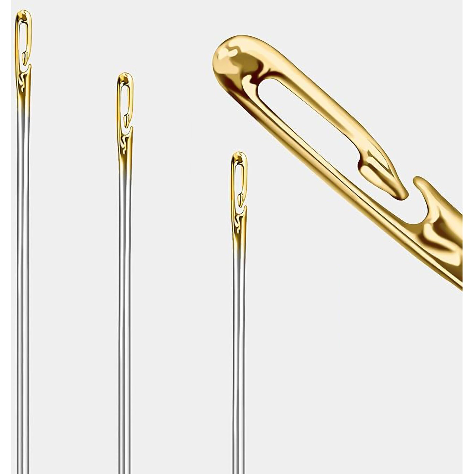 Self-Threading Stainless Steel Sewing Needles - 12 Pcs Golden Needles In 3 Sizes - Easy To Thread For Elderly And Beginners