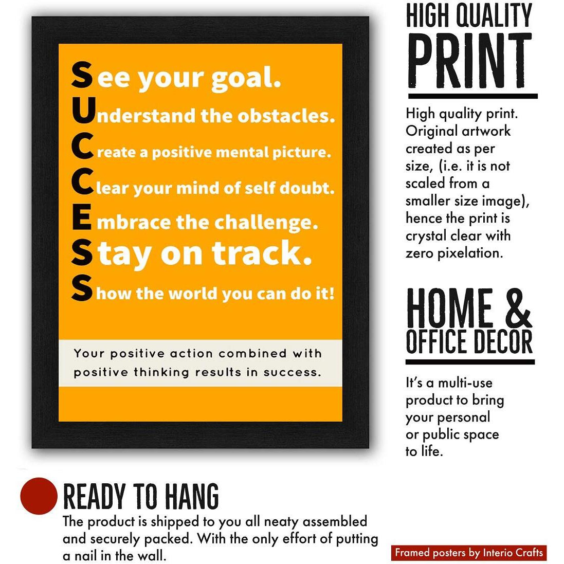 Interio Crafts Motivational Success Quote Framed Poster,Inspirational Wall Art For Home & Office Decor Black Frame, Size 13&quotX10" Inches.
