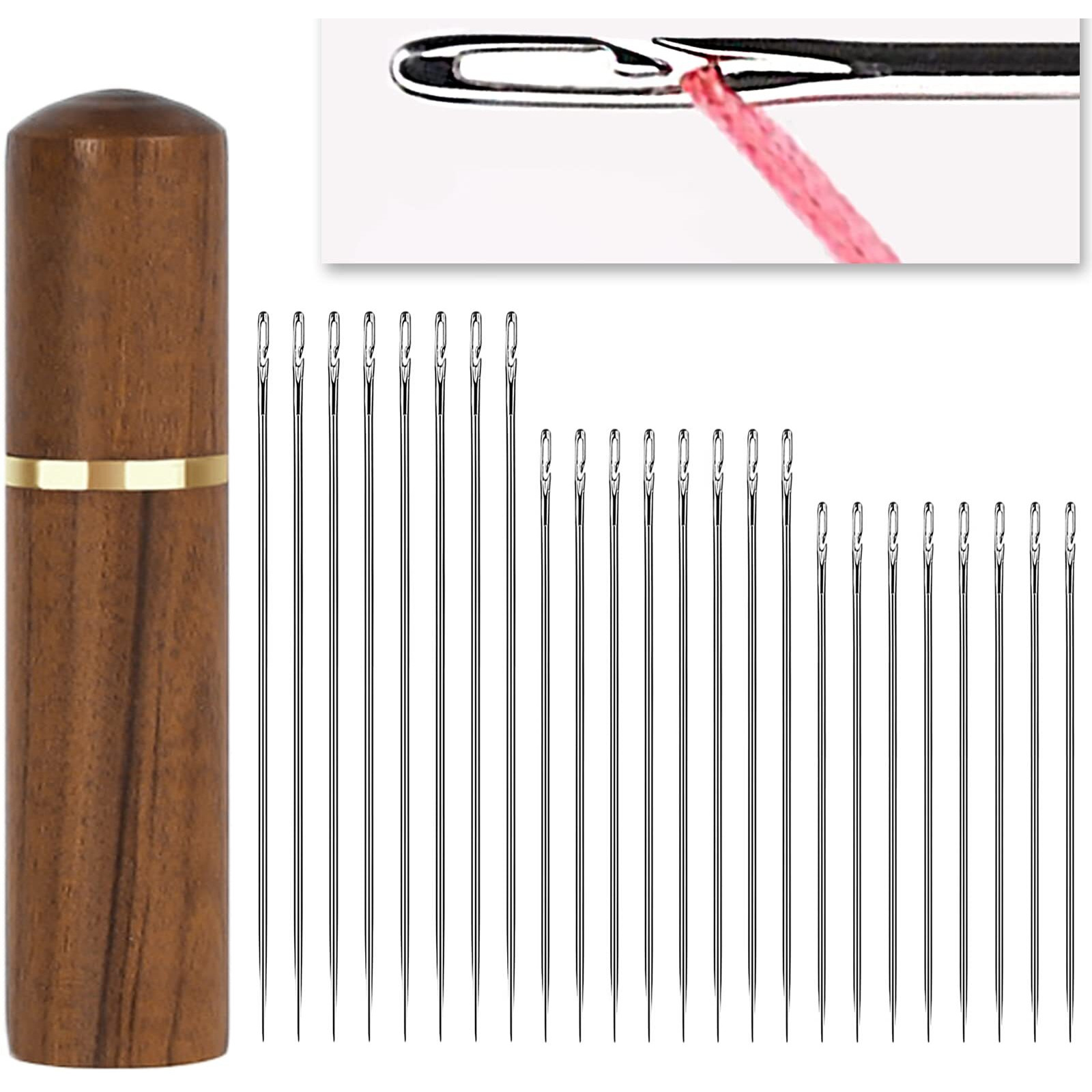 Yawall Self Threading Needles - 24 Piece Set With Wood Case, Easy Threading For Embroidery & Sewing