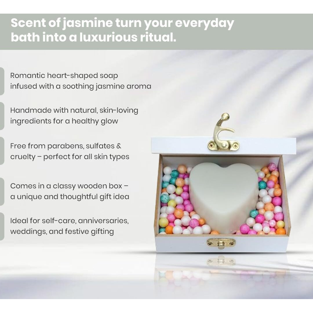 Ekaiva Organics Love Lush Romantic Jasmine Scented Heart Shape Bathing Bar With Classic Wooden Box  Handmade Premium Soap For Glowing Skin & Luxurious Bathing Experience- 125Gm