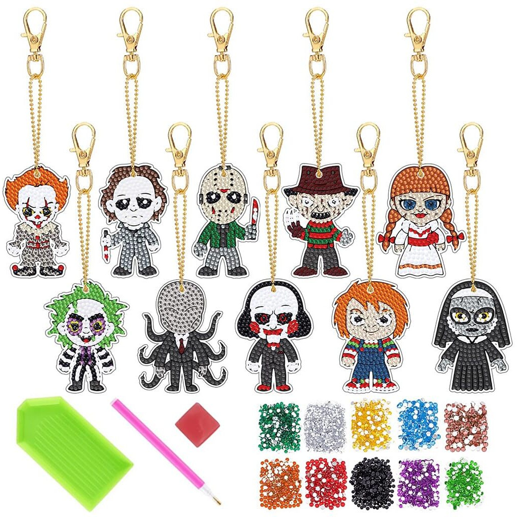 Patpat 10Pcs Halloween Diamond Art Keychains Horror Movie Diy Diamond Keychain Scary Stuff Halloween Gifts For