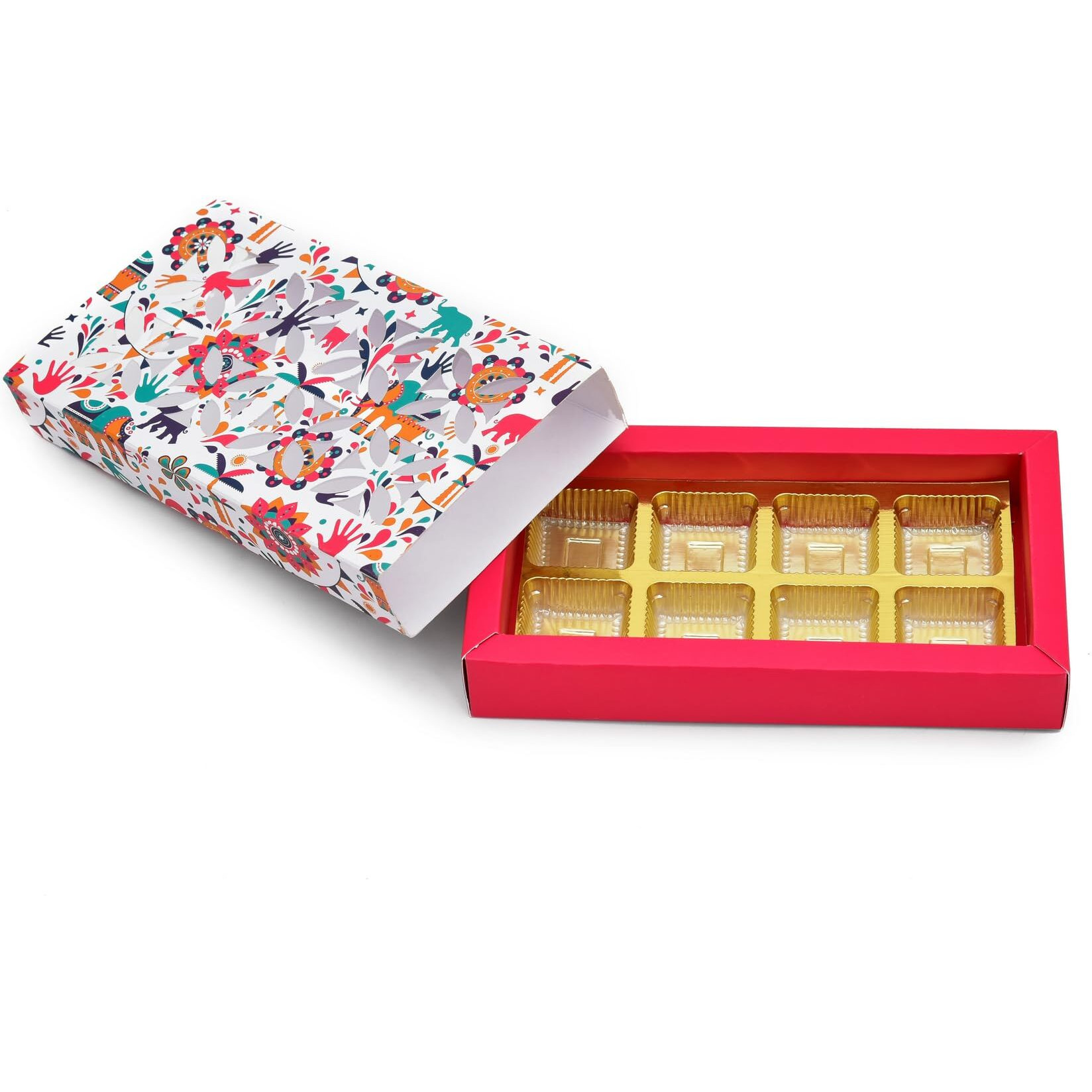 Grownex Empty Red Chocolate Box 8 Pcs Folding Paperboard Window Box For Packaging Chocolate & Sweets Stylish Folding Box For Gifting (Pack Of 10)