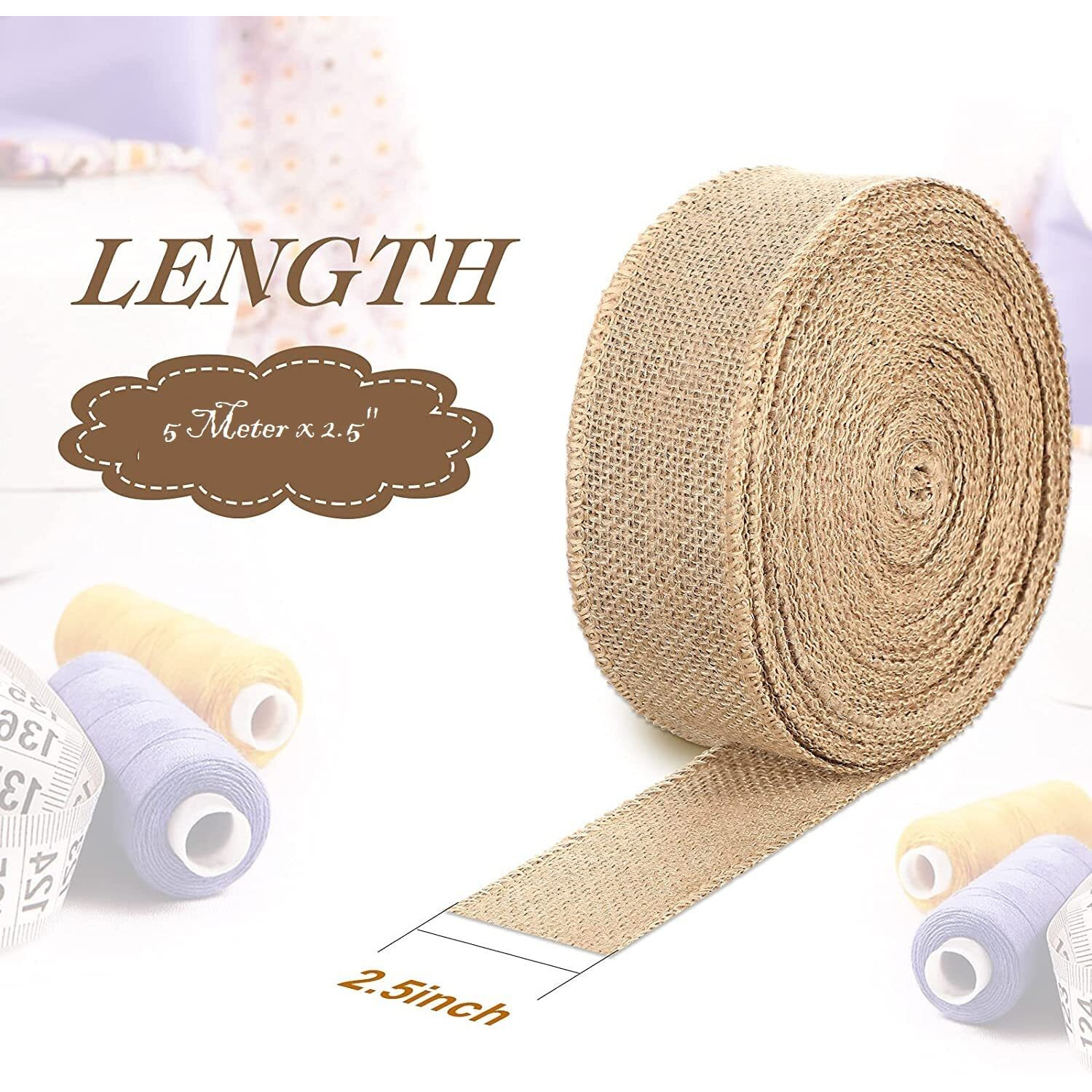 Home Buy 2.5" Wide Burlap Fabric Craft Ribbon 5 Meter Long, Jute Burlap For Diy Vintage Wedding Event Christmas Party Photos Bows Crafts Wrapping Gifts Home Birthday, Wedding Decorations (5 Pack)