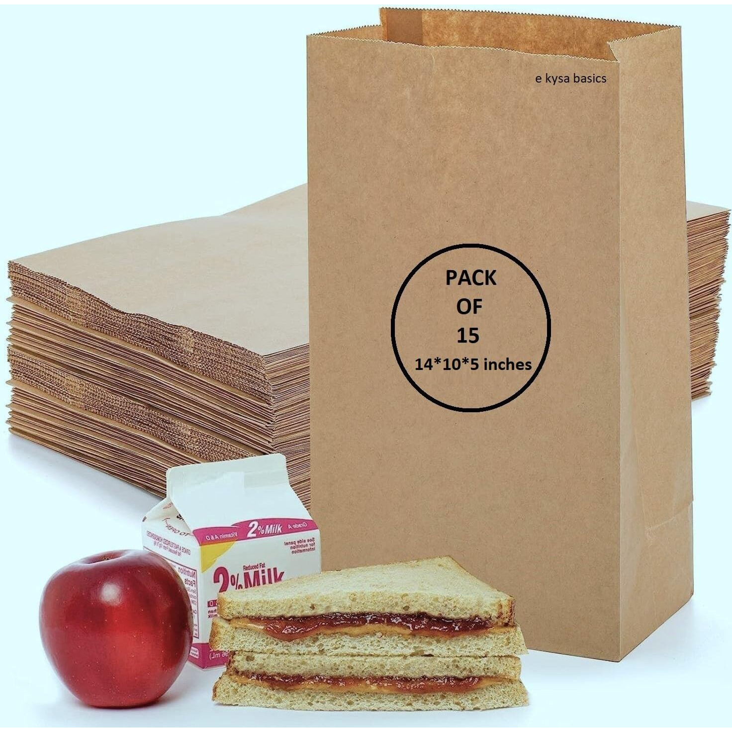 E Kysa Basics Brown Kraft Paper Carry/Gift/Cloth/Grocery Recycled Eco Friendly Bags - 10 * 5 * 14 Inches, Pack Of 15 Pcs
