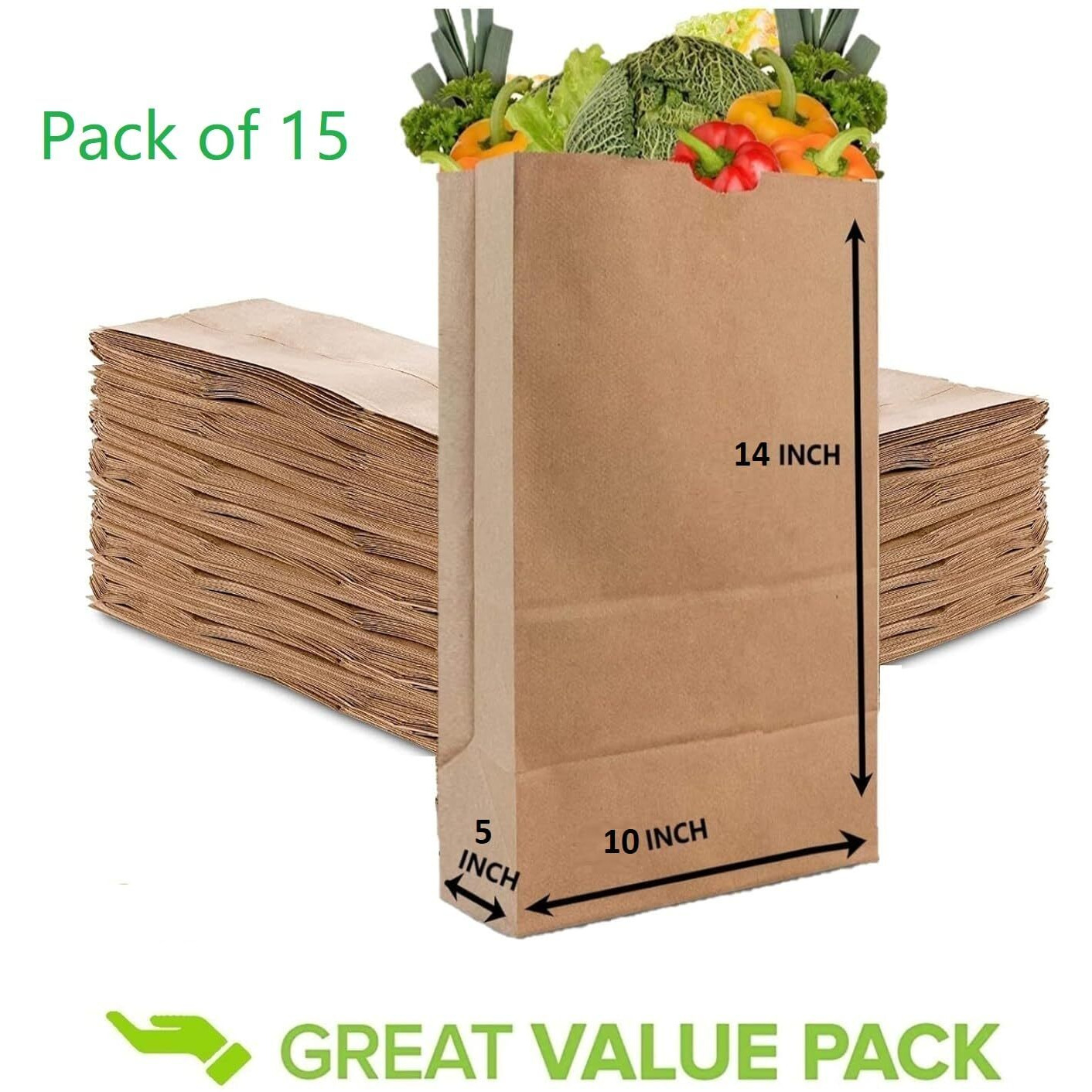 E Kysa Basics Brown Kraft Paper Carry/Gift/Cloth/Grocery Recycled Eco Friendly Bags - 10 * 5 * 14 Inches, Pack Of 15 Pcs