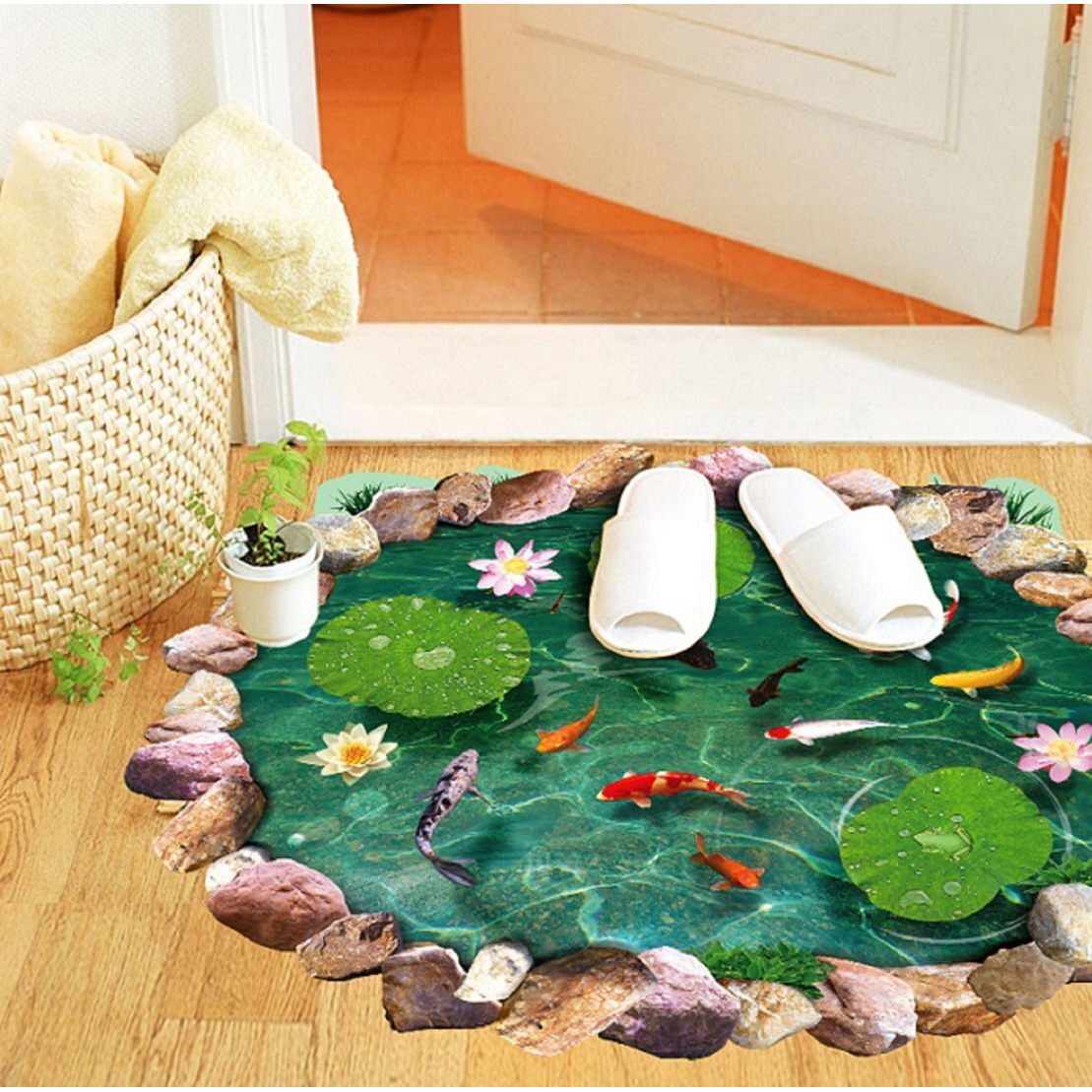 Jaamso Royals Pond Red Fishes Flowers Green Leaves Wall Decal Wall Sticker For Home Dcor (90Cm X 60Cm)