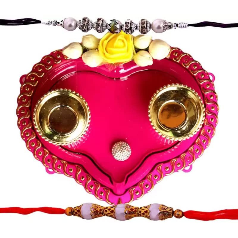 Gift World Multi Colour Combo Of 2 Rakhi Set For Brother/Pearls Rakhi Set With Pink Decorative Plate/Thread Rakhi Set For Bhaiya/Bhabhi (2 Set Rakhi With Plate)