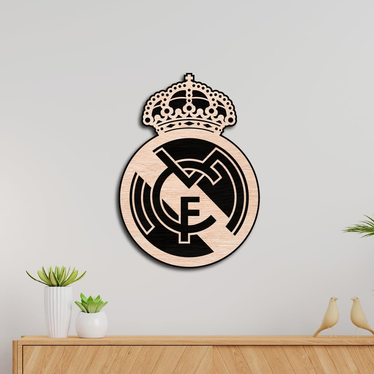 Tenorarts Real Madrid Merchandise Wooden Logo Crest Wall Hanging Accessories Decor Art Pieces With Matt Finish Wooden Texture (12 Inches X 12 Inches)
