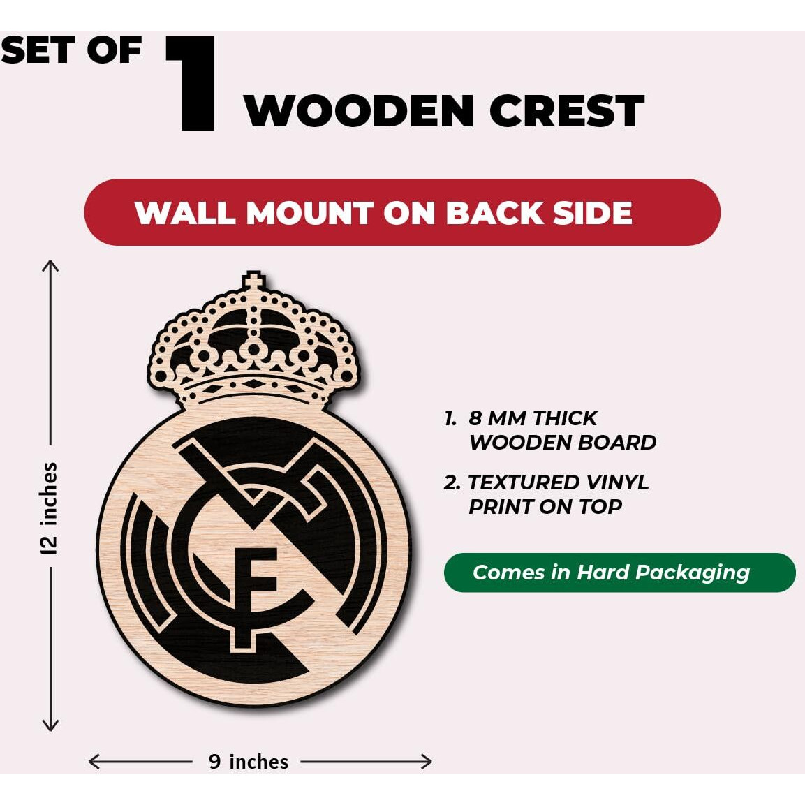 Tenorarts Real Madrid Merchandise Wooden Logo Crest Wall Hanging Accessories Decor Art Pieces With Matt Finish Wooden Texture (12 Inches X 12 Inches)