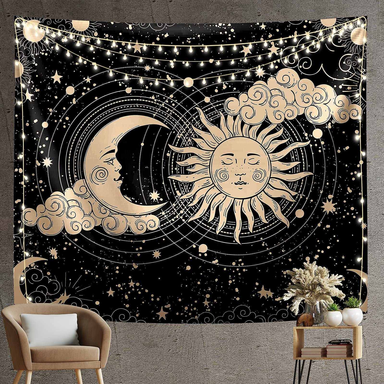 Hasthip Polyester Sun And Moon Tapestry - Aesthetic Black Dark Spiritual Wall Art For Bedroom, Living Room Decor (51&quotX59")