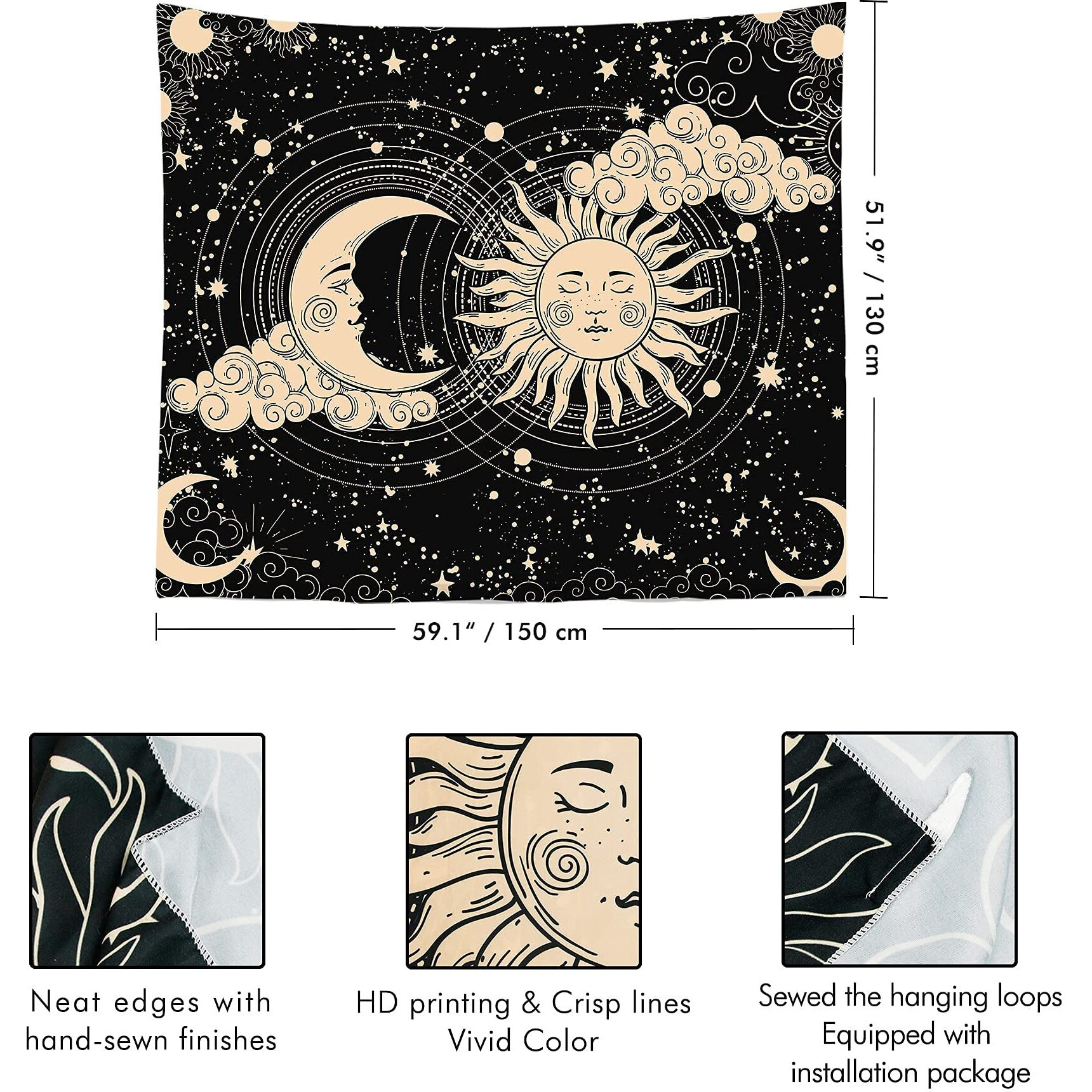 Hasthip Polyester Sun And Moon Tapestry - Aesthetic Black Dark Spiritual Wall Art For Bedroom, Living Room Decor (51&quotX59")