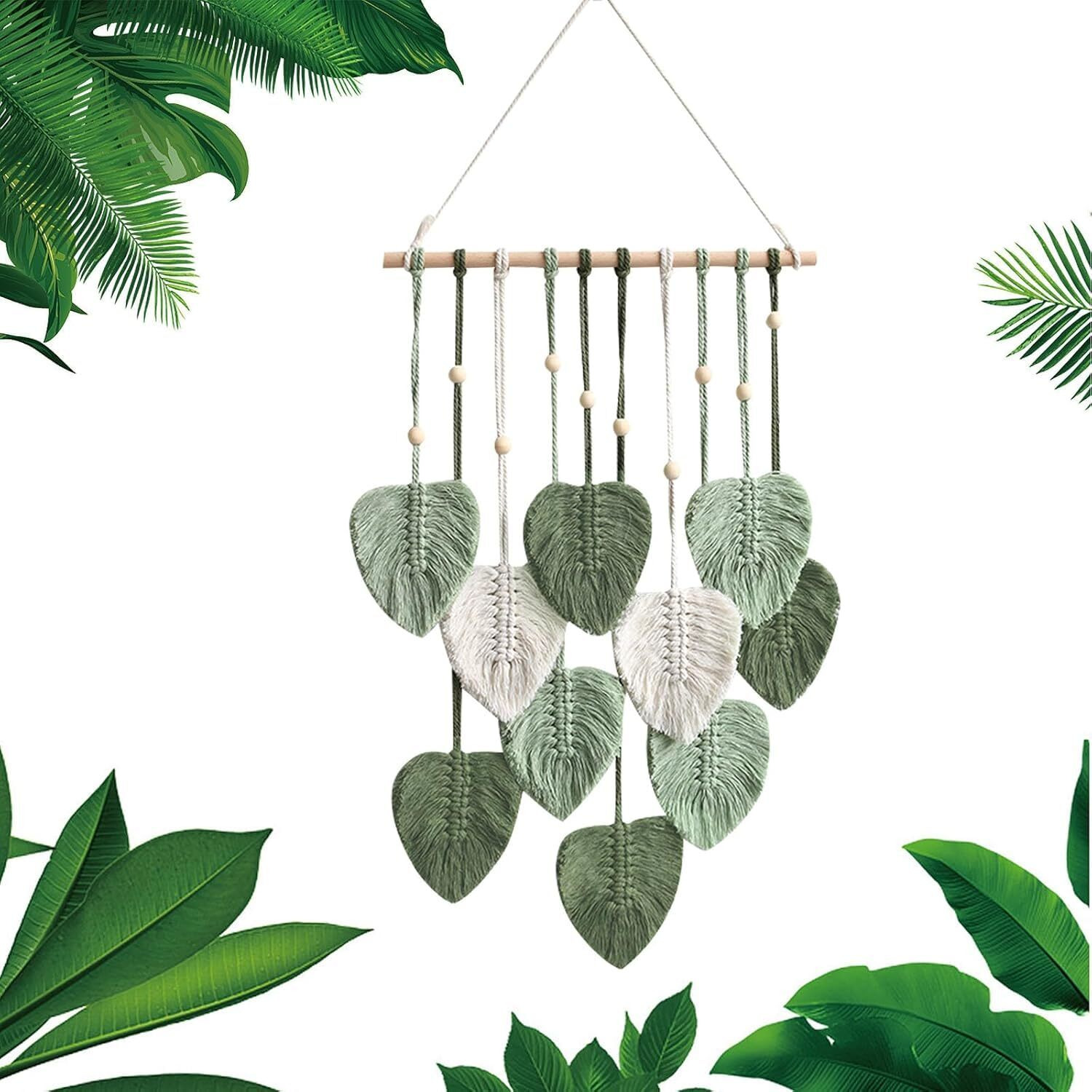 Love N Beyond Macrame Wall Hanging Boho Handmade Wall Decor Feather Tapestry With Wooden Beads And Green Leaves Chic Boho Wall Art Decor 66 X 40 Cms (Green)