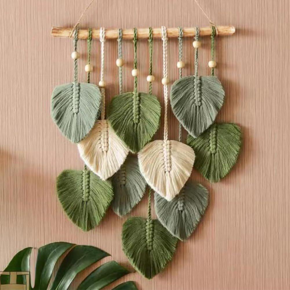 Love N Beyond Macrame Wall Hanging Boho Handmade Wall Decor Feather Tapestry With Wooden Beads And Green Leaves Chic Boho Wall Art Decor 66 X 40 Cms (Green)