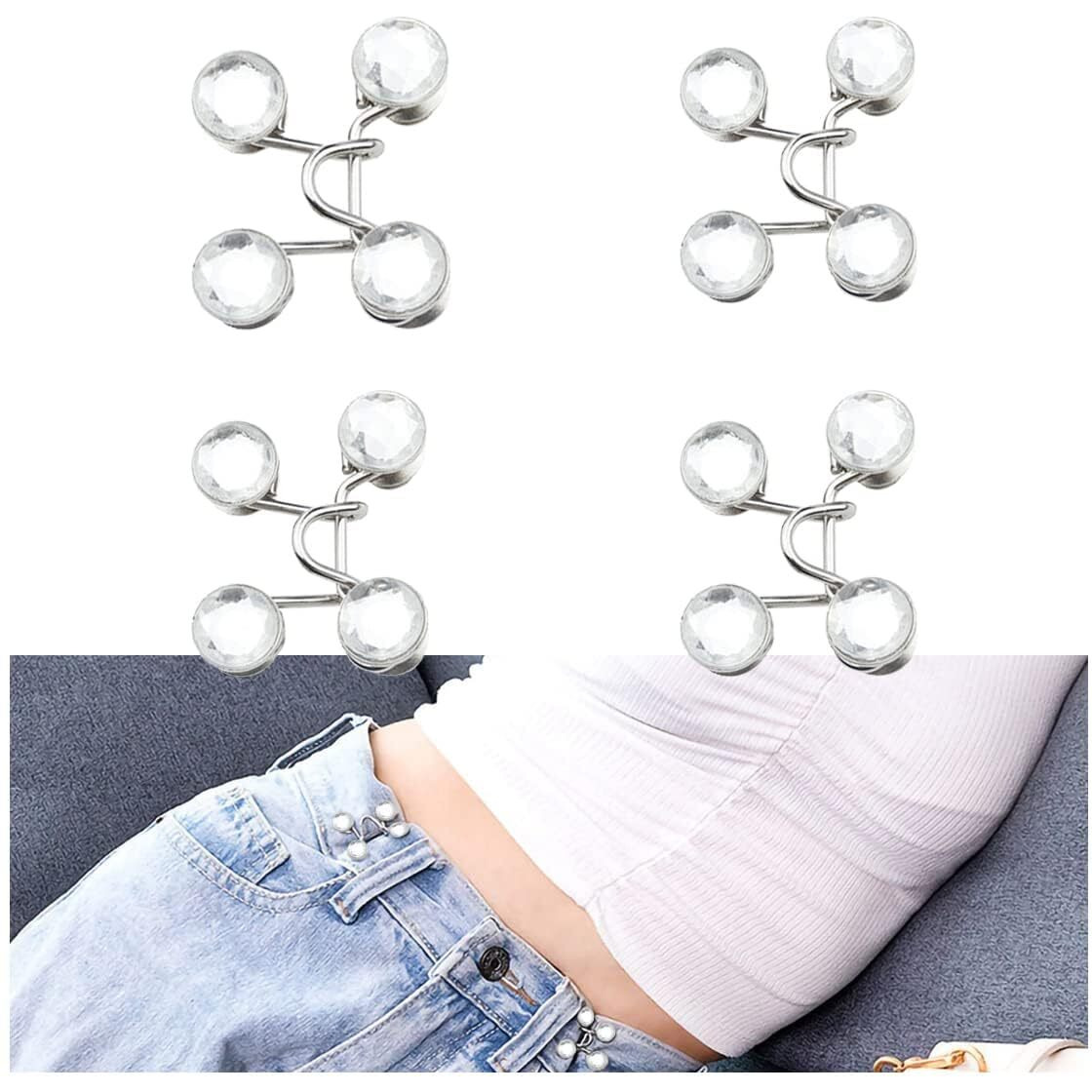 Mgnlr Instant Jeans Button Pins Waist Tightener Set, Make The Waist Fit For Skirt Pants Robe, No Sewing Required Adjustable Waist Buckle For Loose Jeans Pants (4Pcs White Diamond Waist Pin)