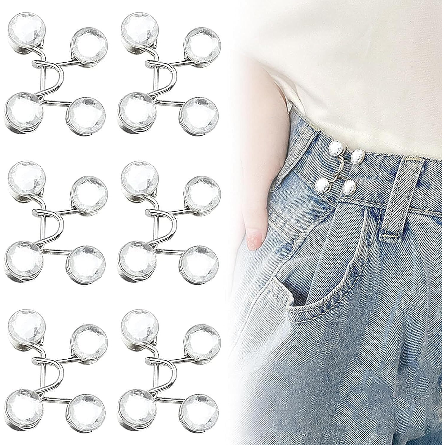 Mgnlr Instant Jeans Button Pins Waist Tightener Set, Make The Waist Fit For Skirt Pants Robe, No Sewing Required Adjustable Waist Buckle For Loose Jeans Pants (4Pcs White Diamond Waist Pin)