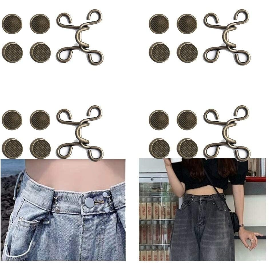 Mgnlr Instant Jeans Button Pins Waist Tightener Set, Make The Waist Fit For Skirt Pants Robe, No Sewing Required Adjustable Waist Buckle For Loose Jeans Pants (4Pcs Brown Waist Pin)