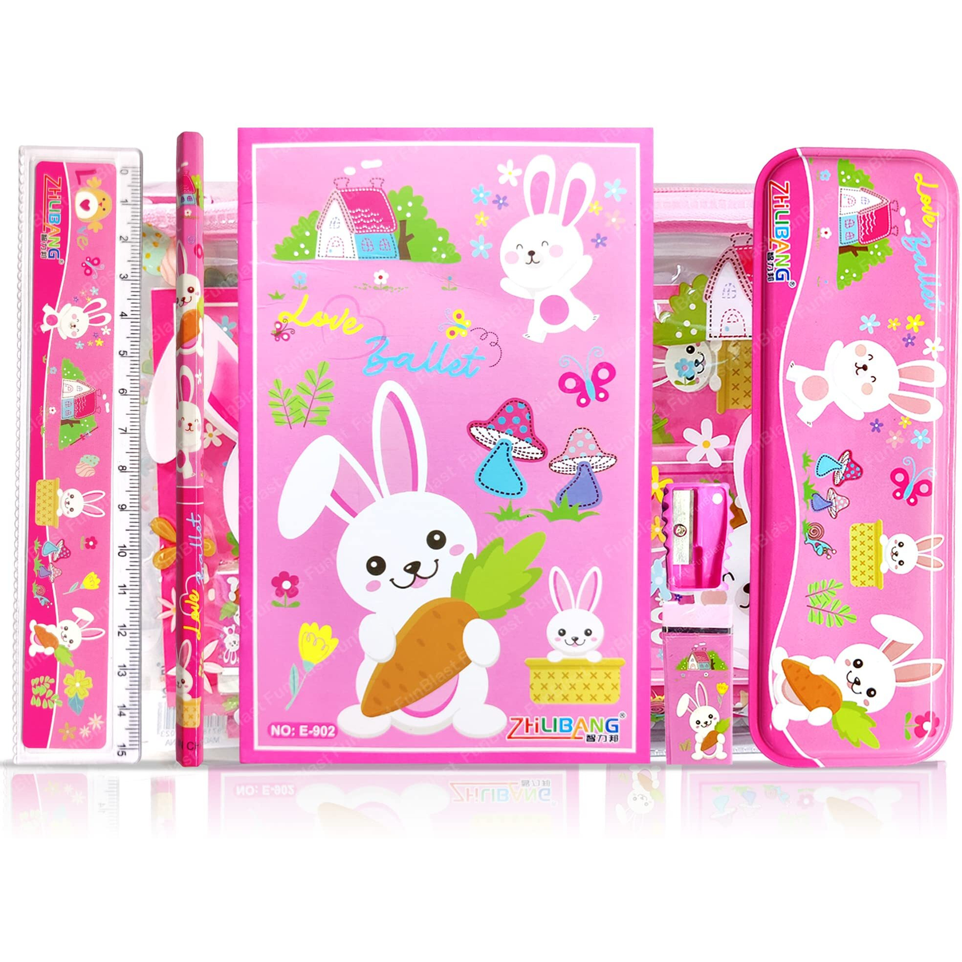 Funblast Stationery Kit For Kids  Pencil Box, 2 Pencils, Drawing Book, Scale, Erasers, Sharpener For Art And Craft, Stationery Item For Kids, Birthday Return Gift For Kids (Pink)