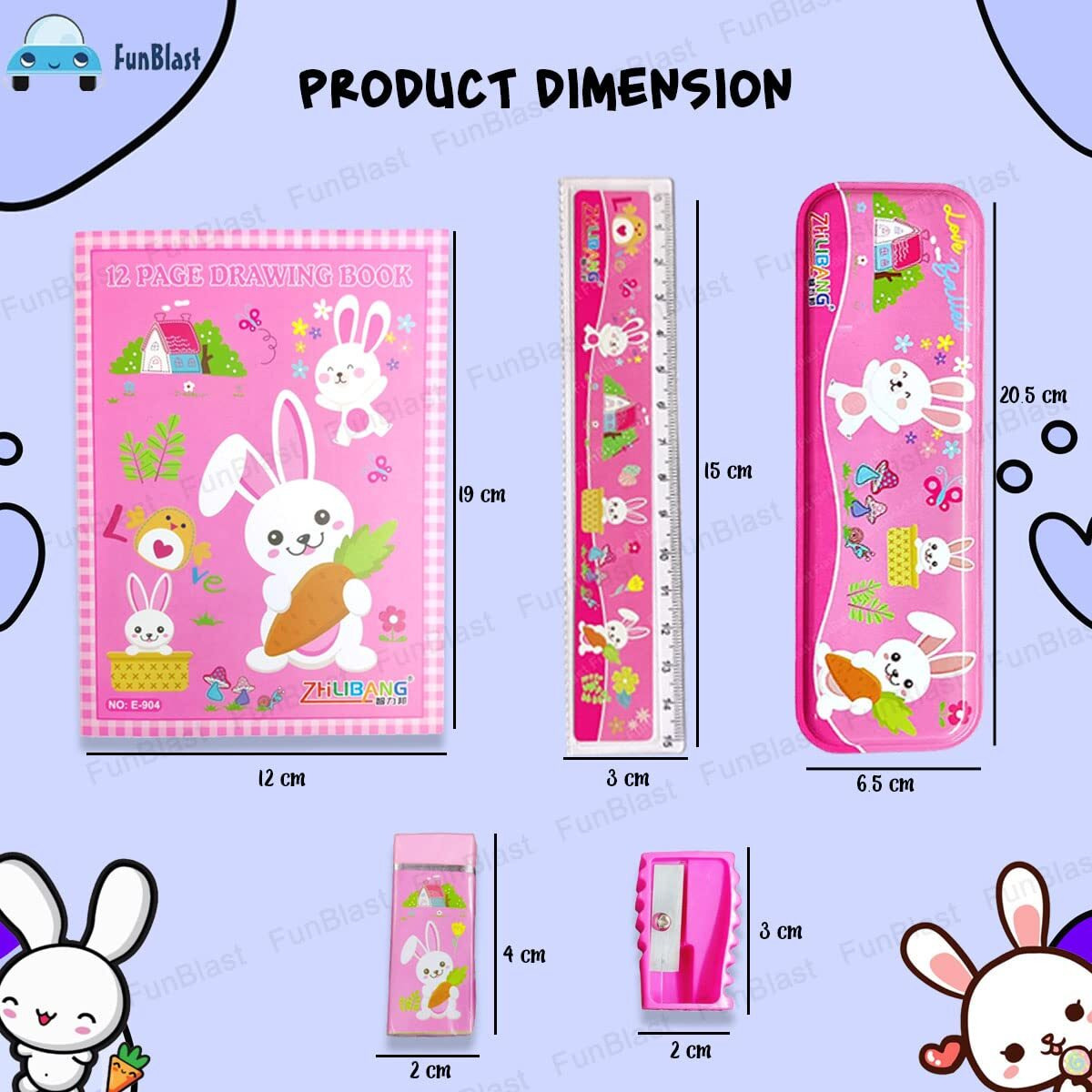 Funblast Stationery Kit For Kids  Pencil Box, 2 Pencils, Drawing Book, Scale, Erasers, Sharpener For Art And Craft, Stationery Item For Kids, Birthday Return Gift For Kids (Pink)