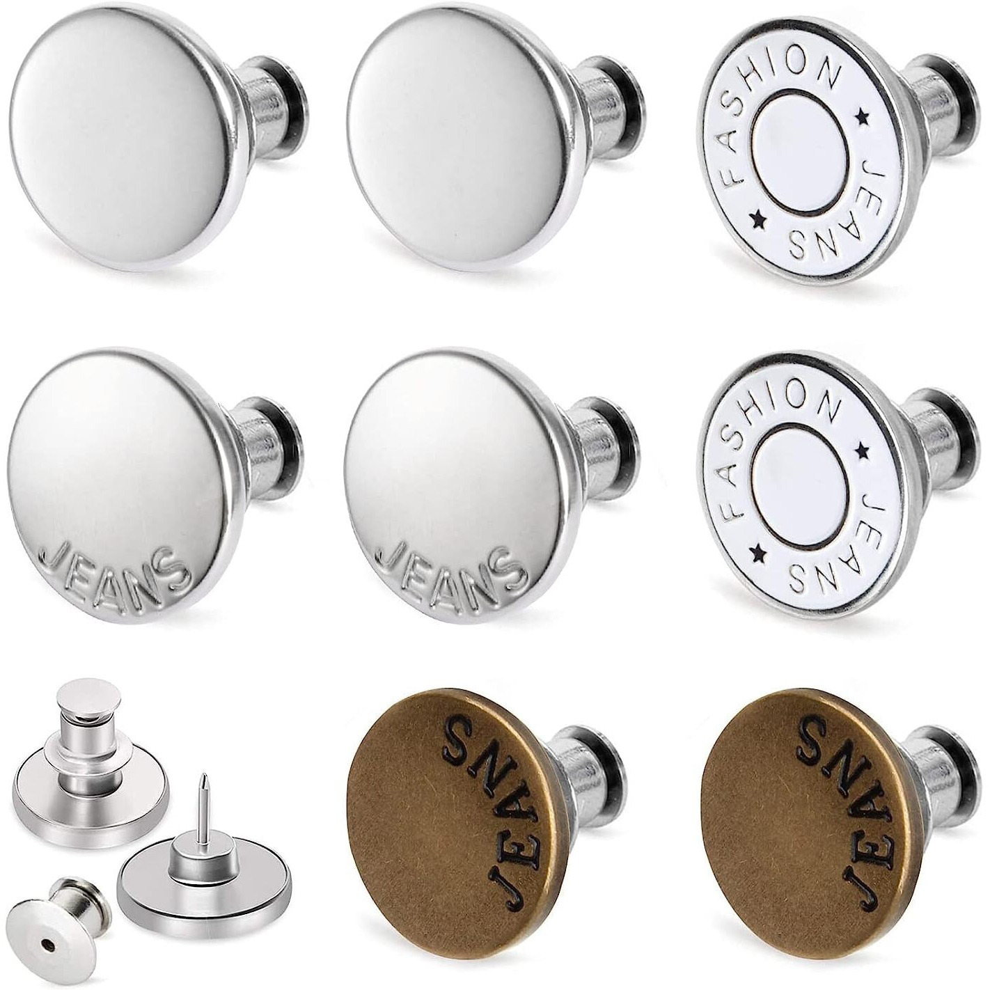Maxxlite 8 Pc Button Pins For Jeans,Perfect Fit Jean Button Replacement, 4 Styles Adjustable Jean Button Pins Metal Clips Snap Tack, No Sew Instant Extend Or Reduce Any Pants Waist