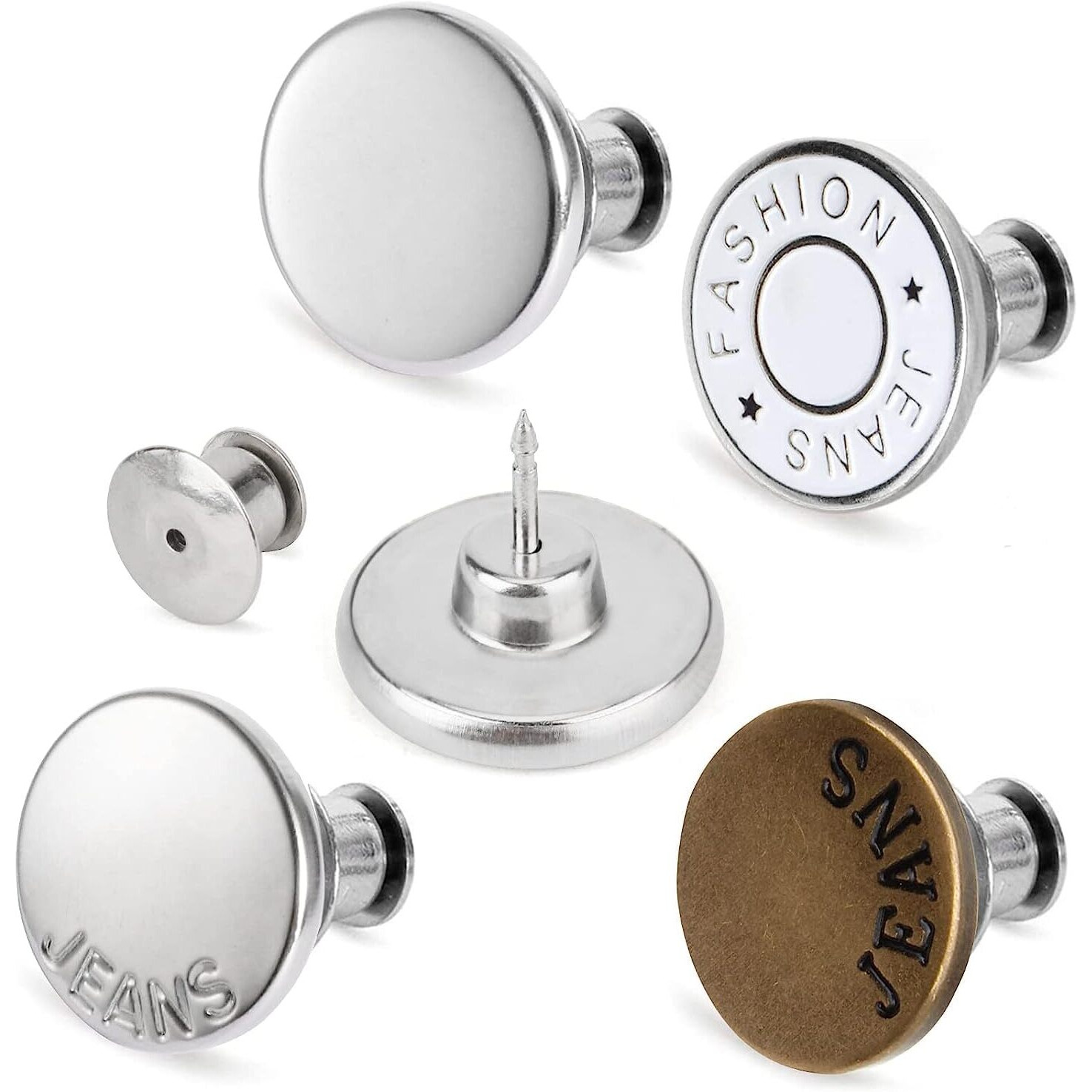 Maxxlite 8 Pc Button Pins For Jeans,Perfect Fit Jean Button Replacement, 4 Styles Adjustable Jean Button Pins Metal Clips Snap Tack, No Sew Instant Extend Or Reduce Any Pants Waist