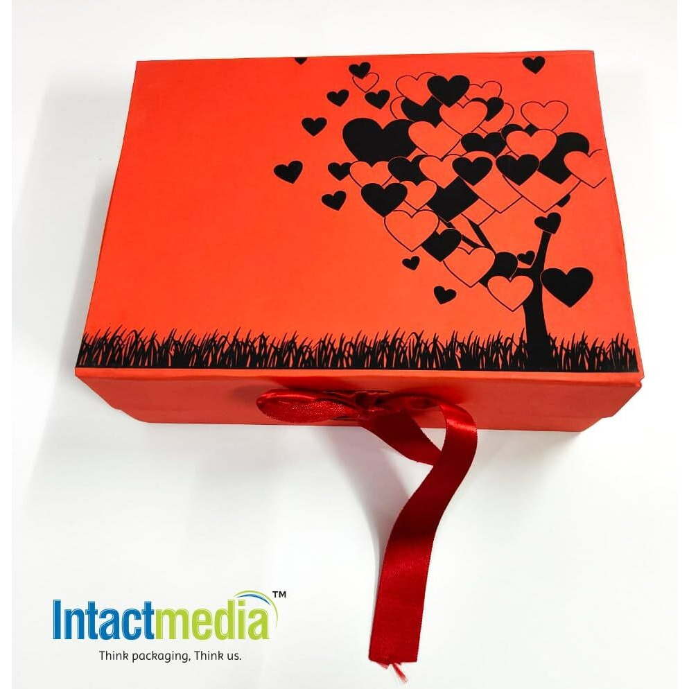 Intactmedia Gift Box | Ribbon Knot Box | Solid Colour Boxes | Empty Boxes For Wedding Gift Corporate Gifting | Baby Shower Gifting | Return Gifts | Christmas | Diwali - Red And Black, 1 Count