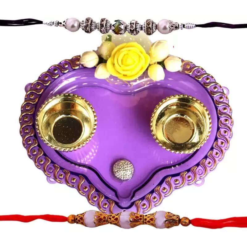 Gift World Multi Colour Combo Of 2 Rakhi Set For Brother/Pearls Rakhi Set With Purple Decorative Plate/Thread Rakhi Set For Bhaiya/Bhabhi (2 Set Rakhi With Plate)
