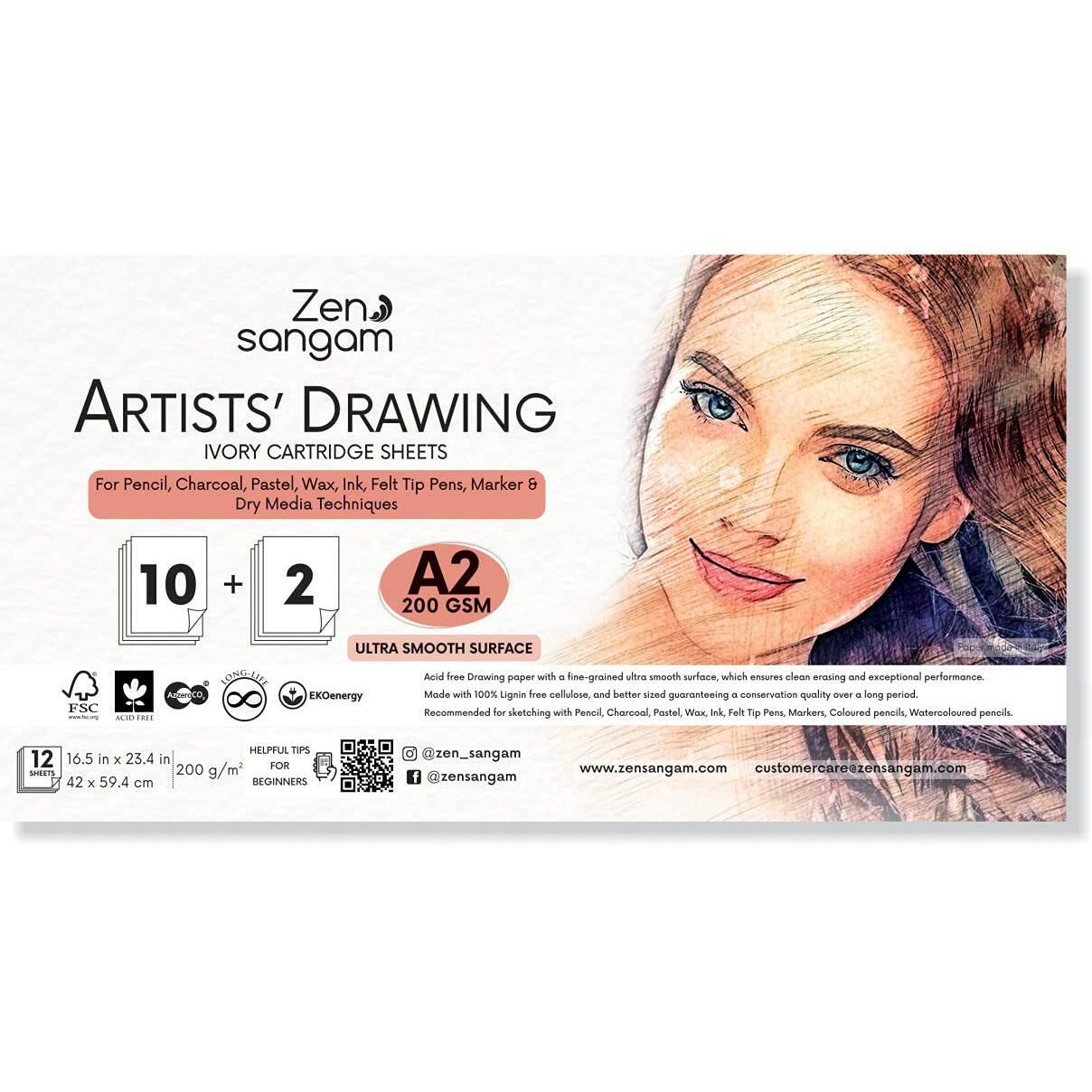 Zen Sangam Express Your Mind Artists Mixed Media Drawing Cartridge 200Gsm Fine Grain Ultra Smooth Surface Acid Free Papers (59.4X42Cm) -12 Sheets