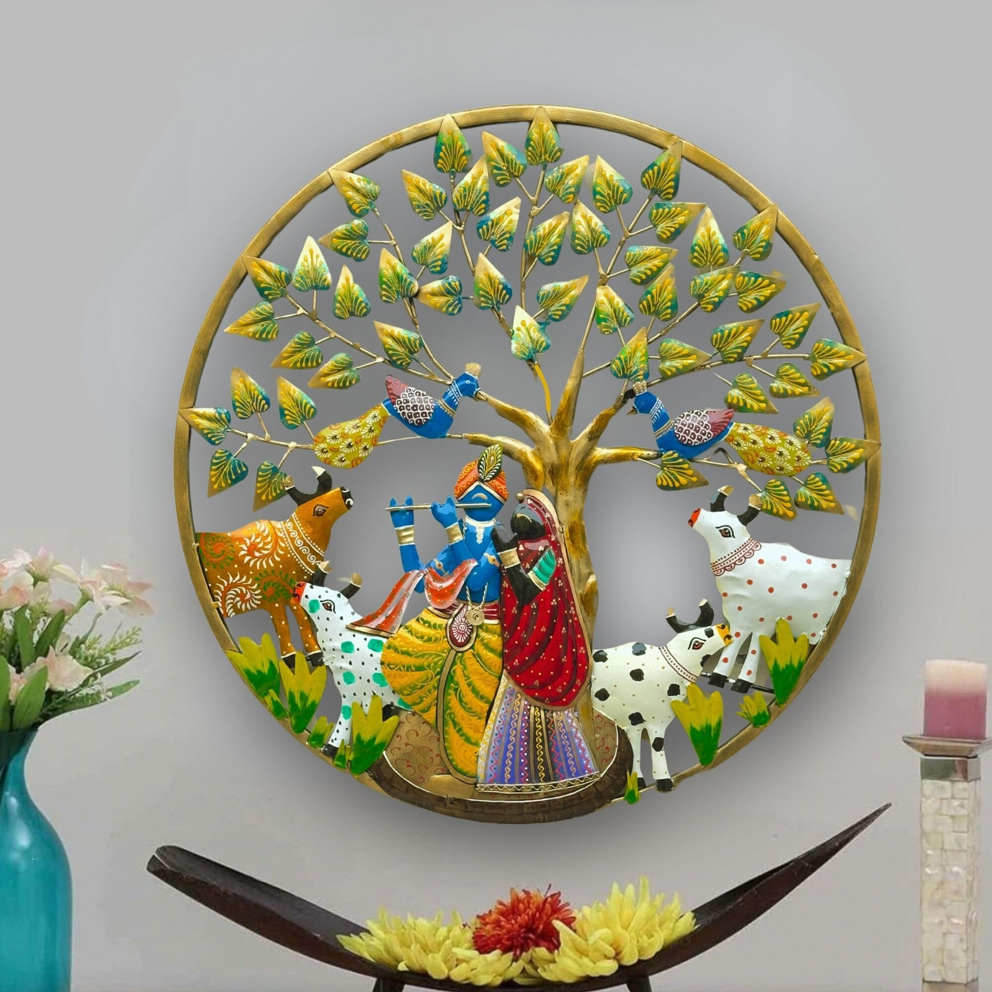Anshika International Metal Round Frame Radha Krishna Cow Wall Art Frame, Wall Hangings For Home Decoration, Wall Sculpture For Living Room, Wall Decor Decorative Items (Size 24X24 In)