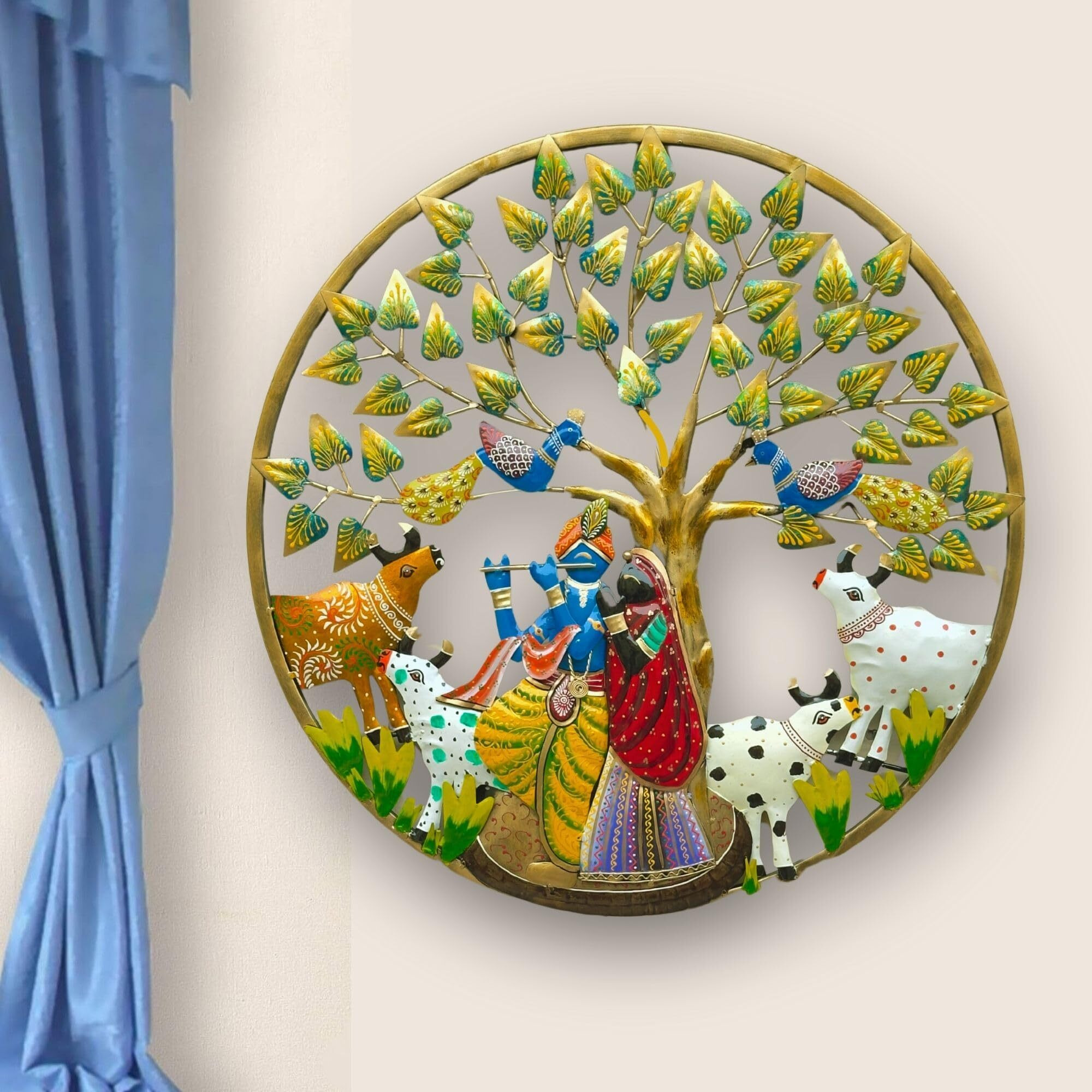 Anshika International Metal Round Frame Radha Krishna Cow Wall Art Frame, Wall Hangings For Home Decoration, Wall Sculpture For Living Room, Wall Decor Decorative Items (Size 24X24 In)