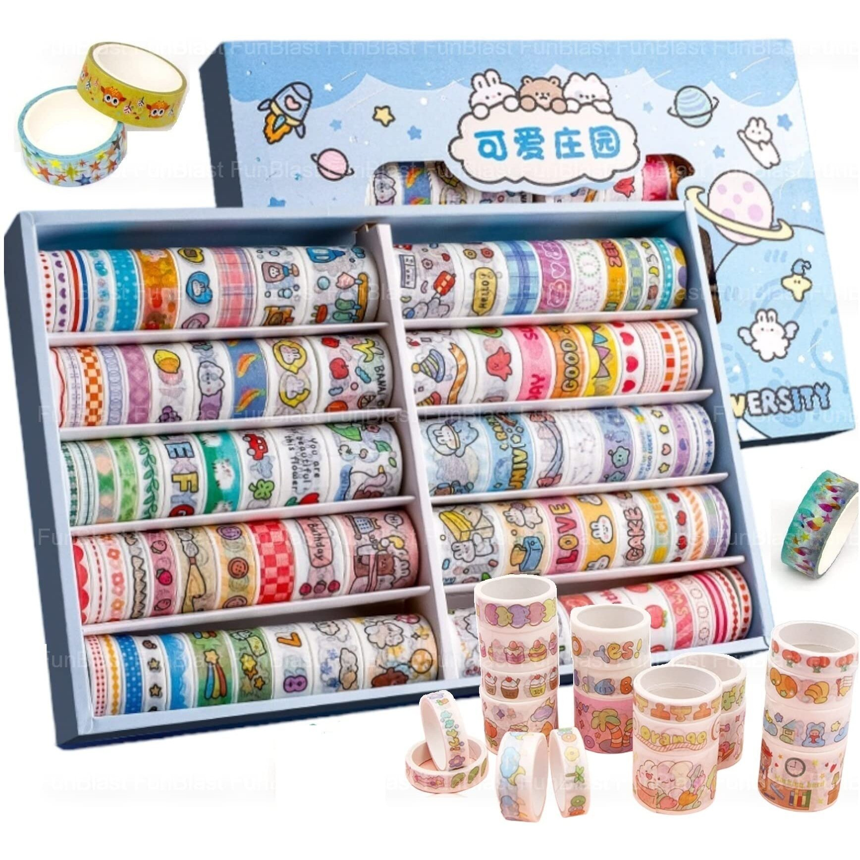 Funblast Washi Tape Set, 100 Pcs Set Cute Washi Tape Kit, Designer Decorative Masking Tapes For Diy Crafts Arts Scrapbooking Bullet Journal Planners, Stationary Items (Random Color And Design)