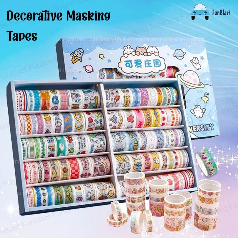 Funblast Washi Tape Set, 100 Pcs Set Cute Washi Tape Kit, Designer Decorative Masking Tapes For Diy Crafts Arts Scrapbooking Bullet Journal Planners, Stationary Items (Random Color And Design)