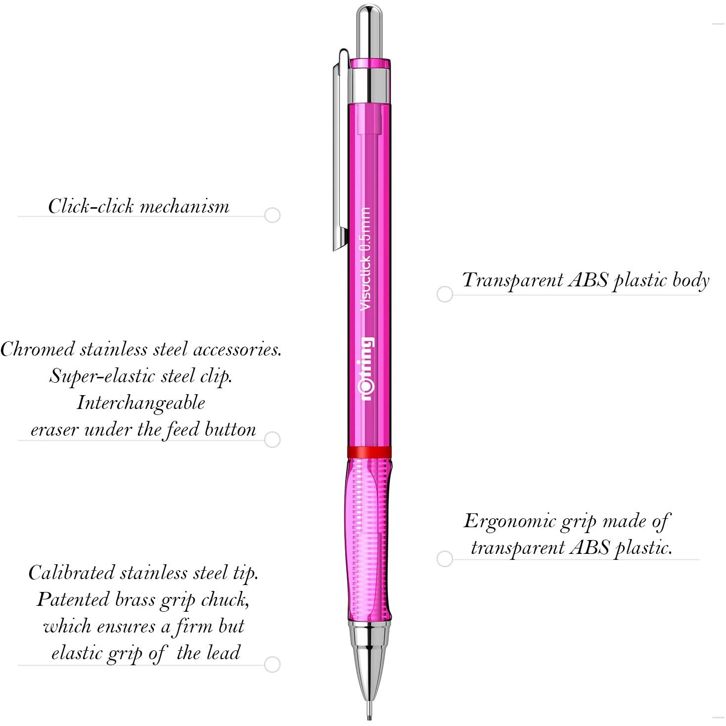 Rotring Visuclick Pink Mechanical Pencil 0.5Mm For Drawing, Writing & Sketching, Transparent Abs Plastic Body, 12 Hb Polymer Leads
