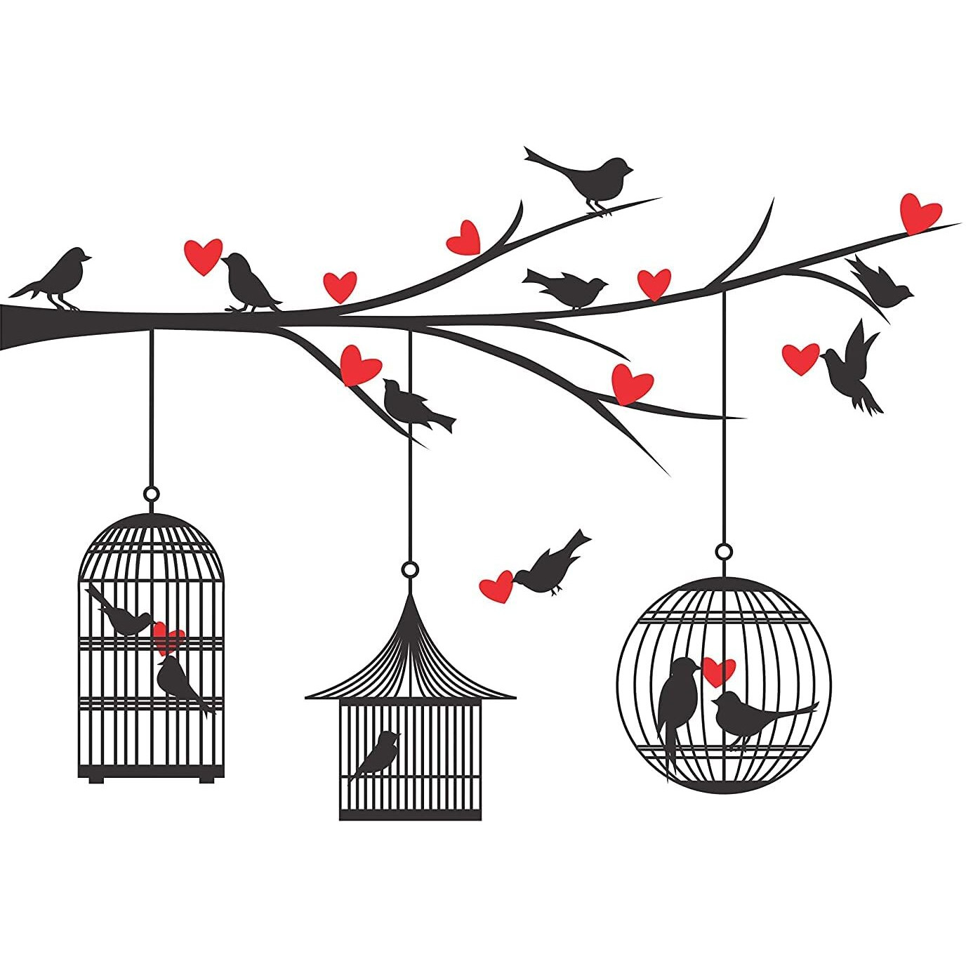 Dreamkraft Hanging Loving Bird Cage On Tree Branch With Heart Pvc Vinly Wall Stickers (Multicolor, 85 Cm X 121 Cm)