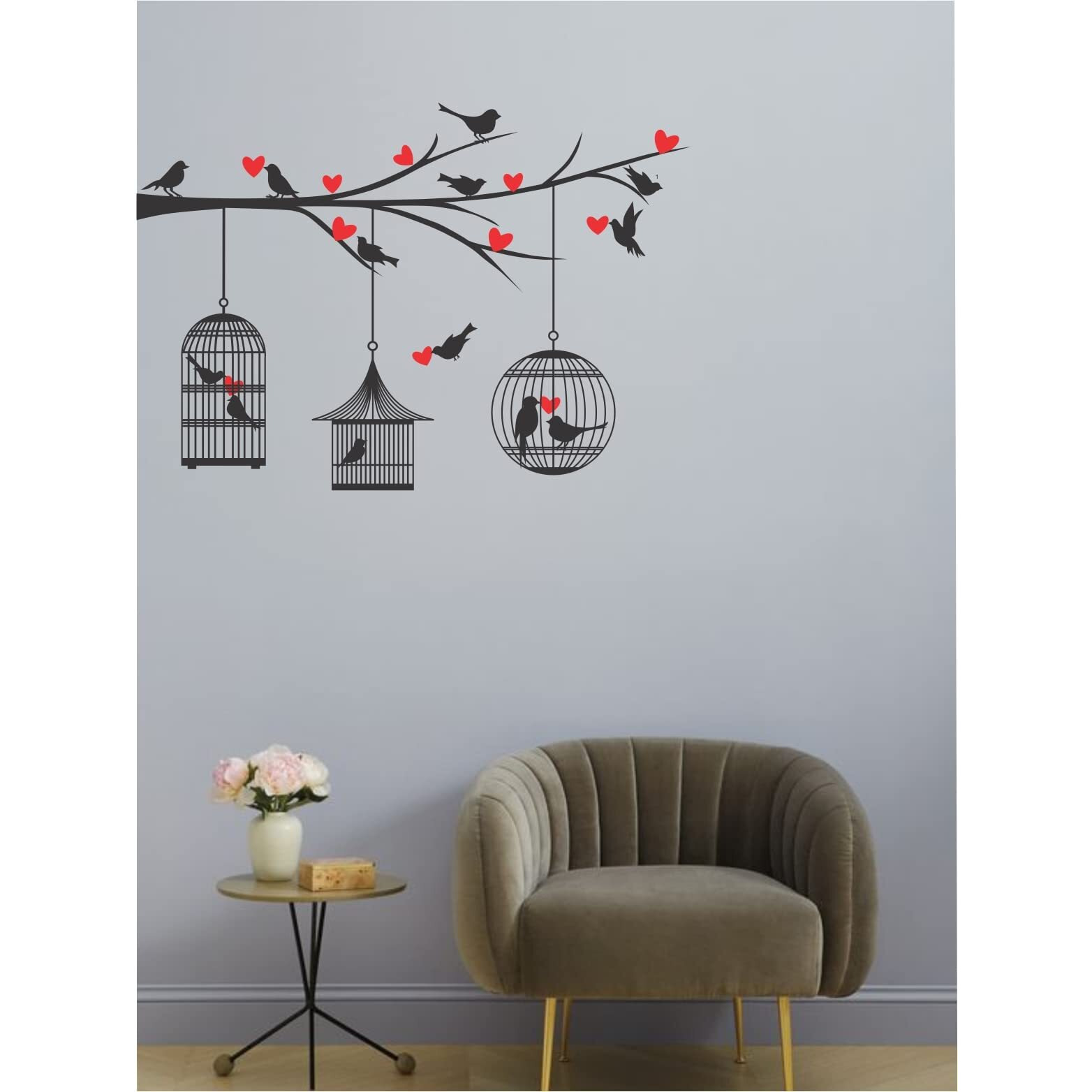 Dreamkraft Hanging Loving Bird Cage On Tree Branch With Heart Pvc Vinly Wall Stickers (Multicolor, 85 Cm X 121 Cm)