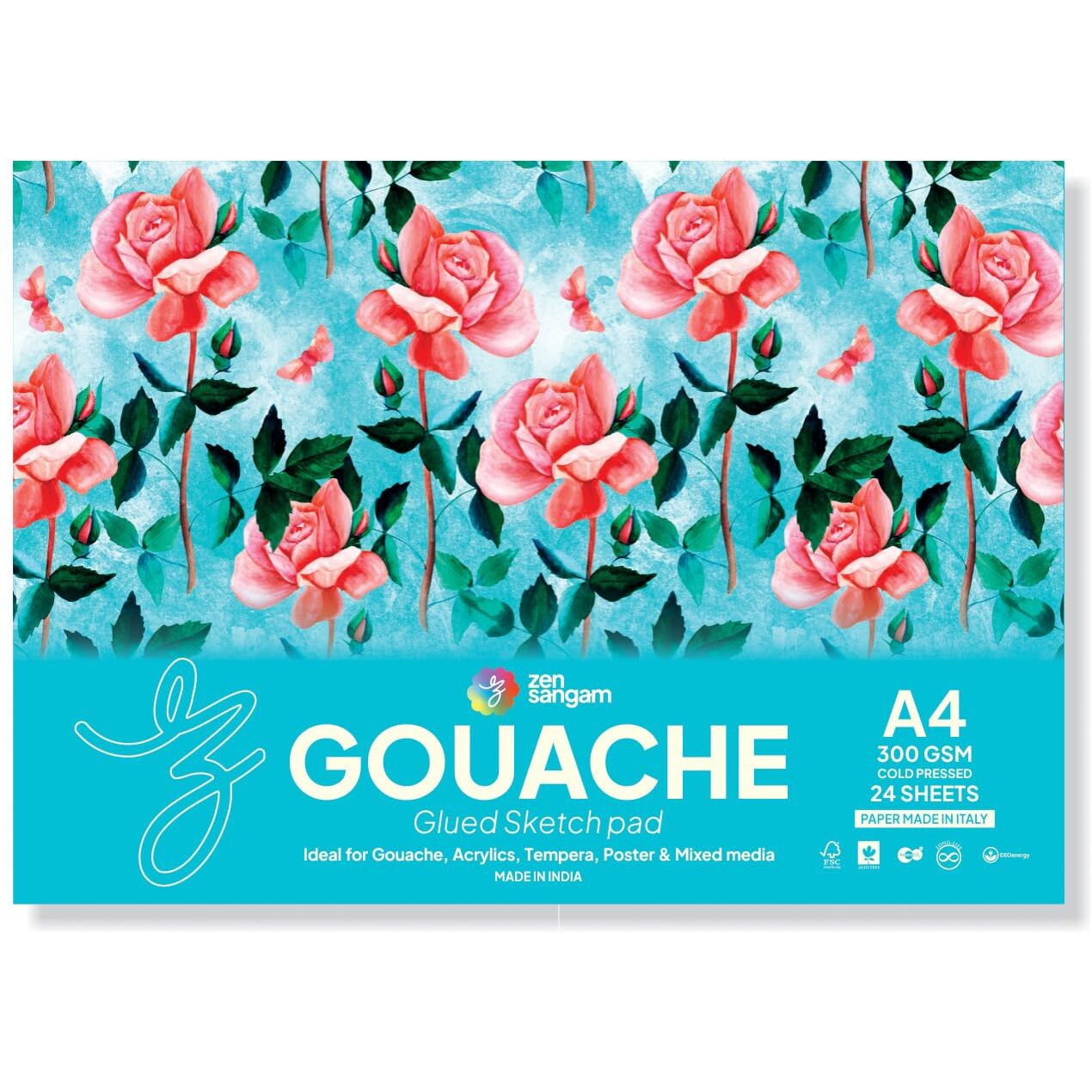 Zen Sangam Express Your Mind A4 Gouache Glued Sketch Paper Pad 300 Gsm Cold Pressed Rough Grain Surface Gouache Book (21X29.7Cm) - 24 Sheets