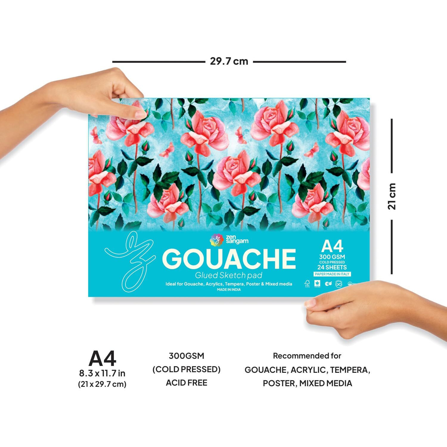 Zen Sangam Express Your Mind A4 Gouache Glued Sketch Paper Pad 300 Gsm Cold Pressed Rough Grain Surface Gouache Book (21X29.7Cm) - 24 Sheets