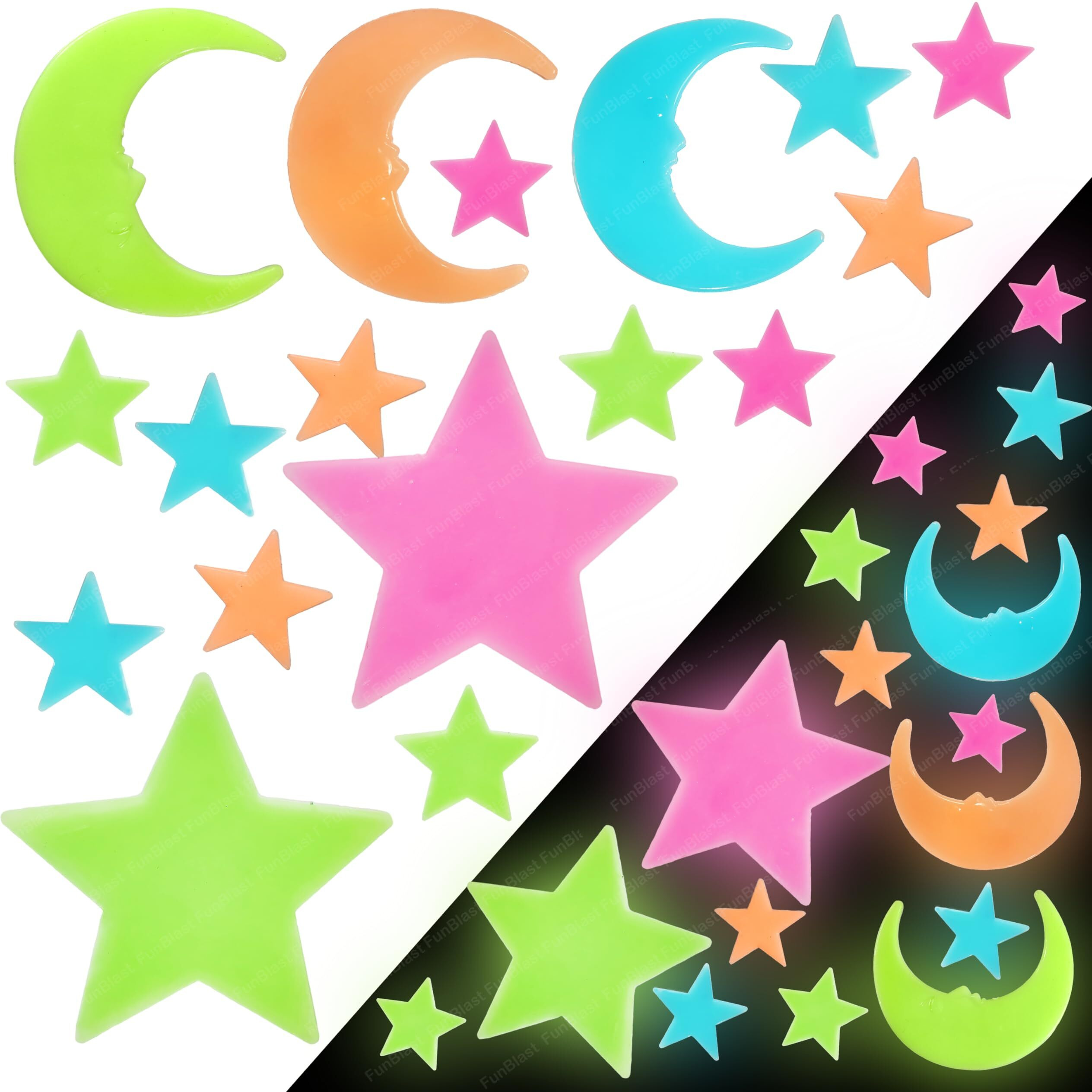 Funblast Glow In The Dark Radium Sticker  Moon & Stars Shaped Fluorescent Night Radium Wall Ceiling Stickers, Decoration Stickers, Room Decoration Stickers  26 Pcs