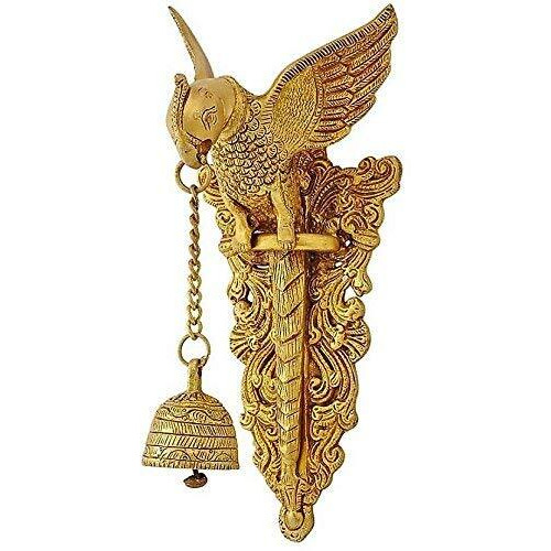 Artvarko Antique Brass Big Parrot Wall Hanging Bell Chain Welcome Home Decoration For Mandir Ganti For Temple Pooja Height 10 Inches