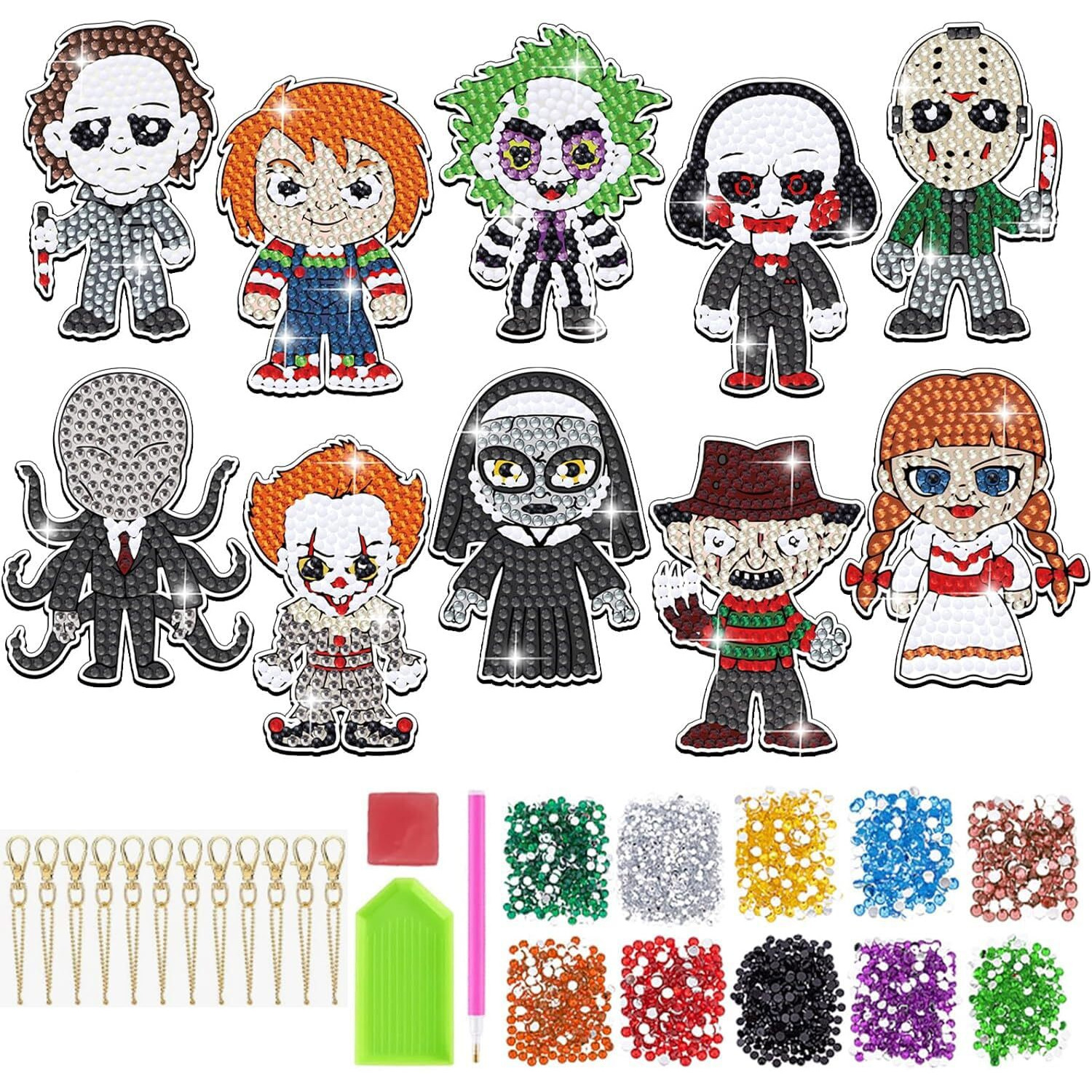 Patpat 10Pcs Diy Halloween Diamond Art Keychain Kit For Adults & Kids - Durable Acrylic Charms With Multifaceted Resin Beads - Gift For Kids, Party Favors, And Festive Decor