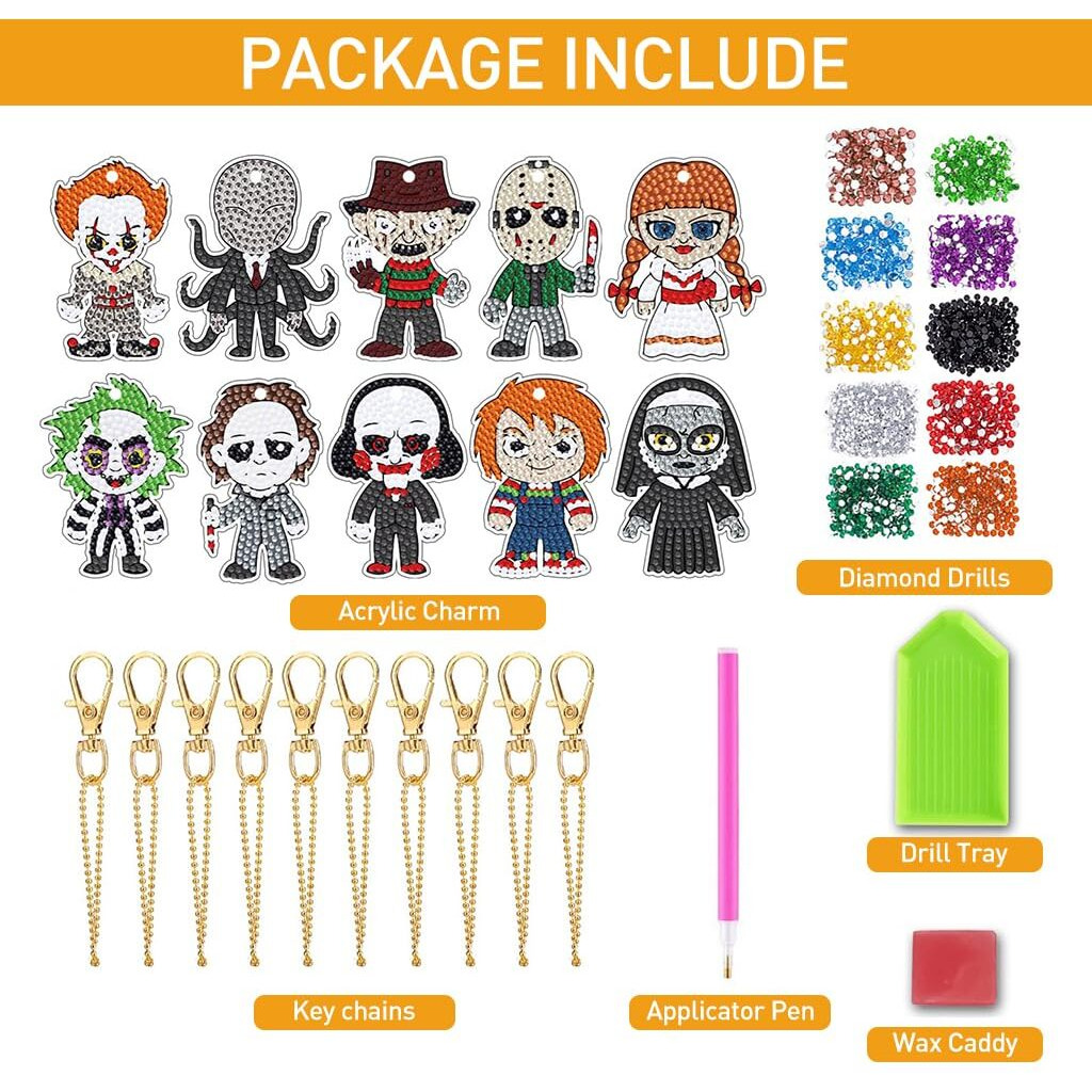 Patpat 10Pcs Diy Halloween Diamond Art Keychain Kit For Adults & Kids - Durable Acrylic Charms With Multifaceted Resin Beads - Gift For Kids, Party Favors, And Festive Decor