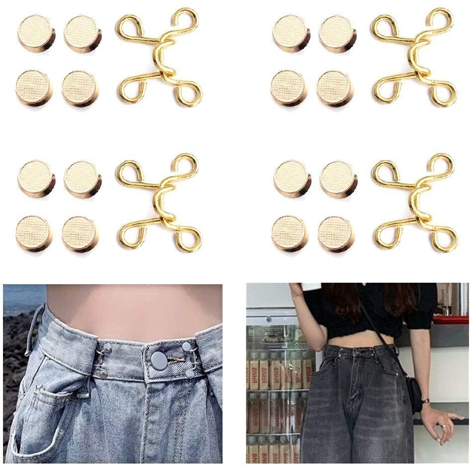 Mgnlr Instant Jeans Button Pins Waist Tightener Set, Make The Waist Fit For Skirt Pants Robe, No Sewing Required Adjustable Waist Buckle For Loose Jeans Pants (2Pcs Golden Waist Pin)