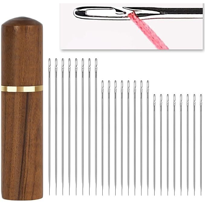 Urbanmac 30Pcs Quilting Needle Self-Threading Quilting Needle With Wooden Needle Case Long Quilting Needle Of Various Sizes Easy Self-Threading Quilting Needle For Quilting, Embroidery, Hand Sewing