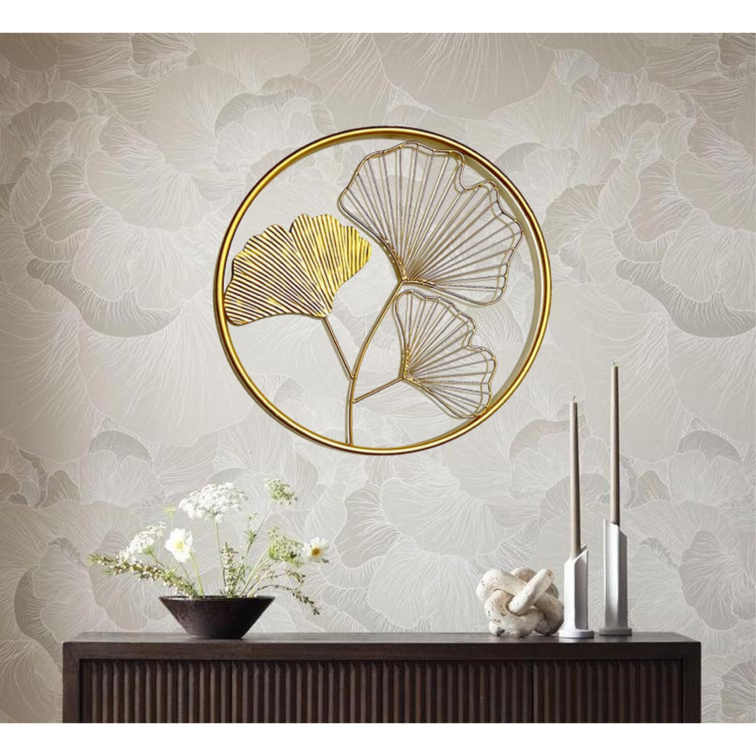 Dsh Crafting Your Curiosity Metal Round Shaped Beautiful Leaf Wall Decor Wall Arts Perfect For Living Room (Design - 3 (3 Leaf))(Gold)