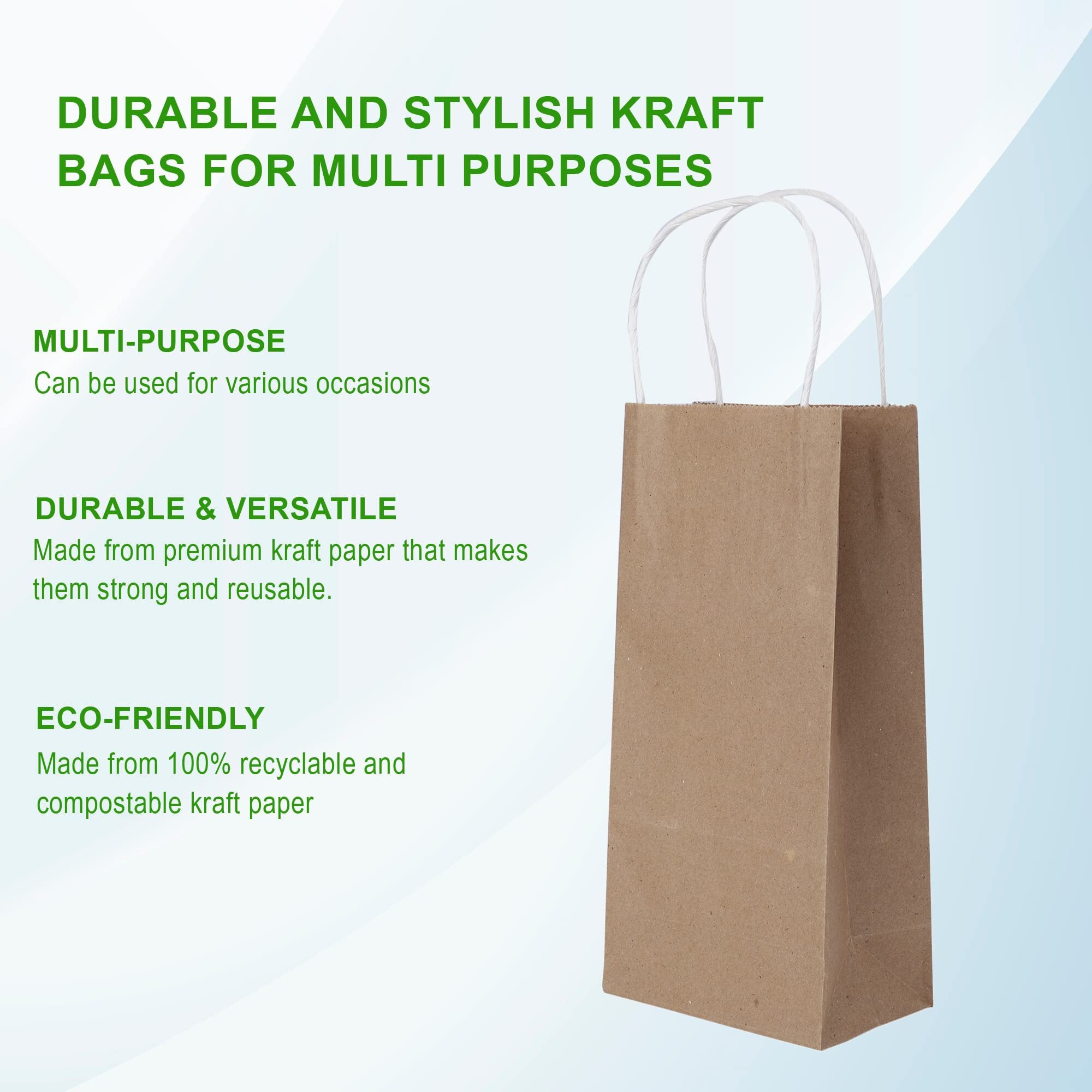 E Kysa Basics Brown Kraft Paper Carry/Gift/Cloth/Grocery Recycled Eco Friendly Bags With Handles - 5 * 3 * 10 Inches, Pack Of 15 Pcs