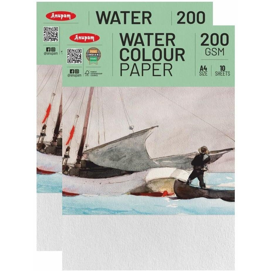 Anupam Watercolor Paper A4 200 Gsm - Cold-Pressed, Acid-Free, Both Side Usable Water Colour Papers For Watercolour, Acrylic, Gouache, Ink & Mixed Media, 10 Sheets (Pack Of 2)