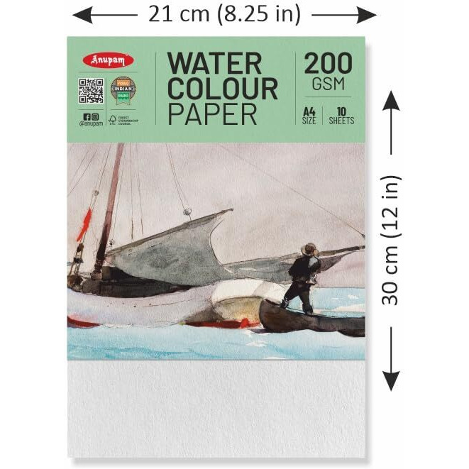 Anupam Watercolor Paper A4 200 Gsm - Cold-Pressed, Acid-Free, Both Side Usable Water Colour Papers For Watercolour, Acrylic, Gouache, Ink & Mixed Media, 10 Sheets (Pack Of 2)